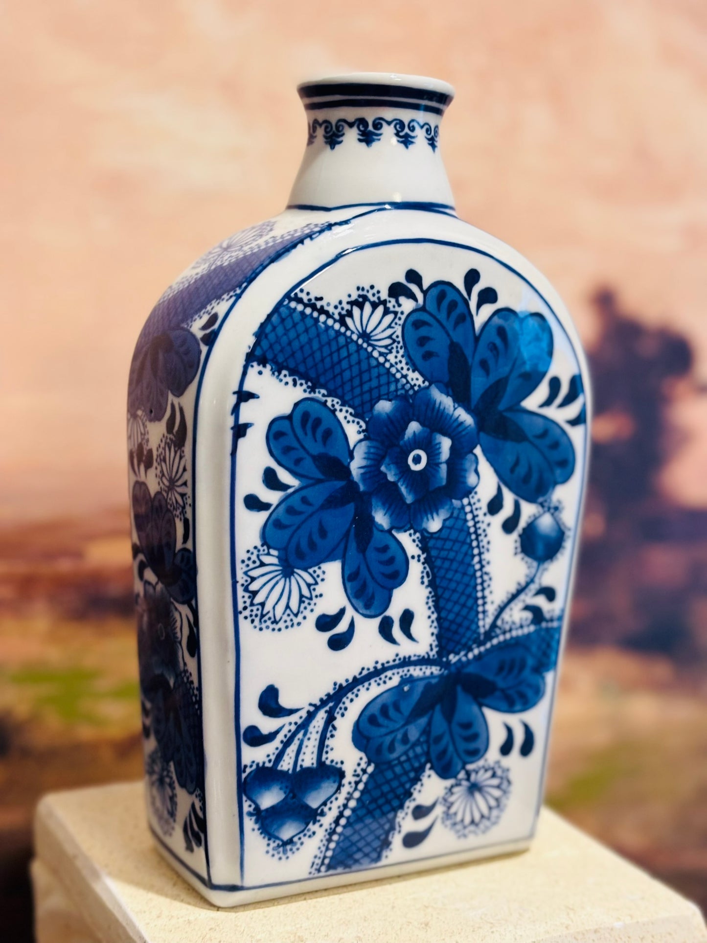Seymour Mann Blue and White Square Vase 5.25 w 9.25 h