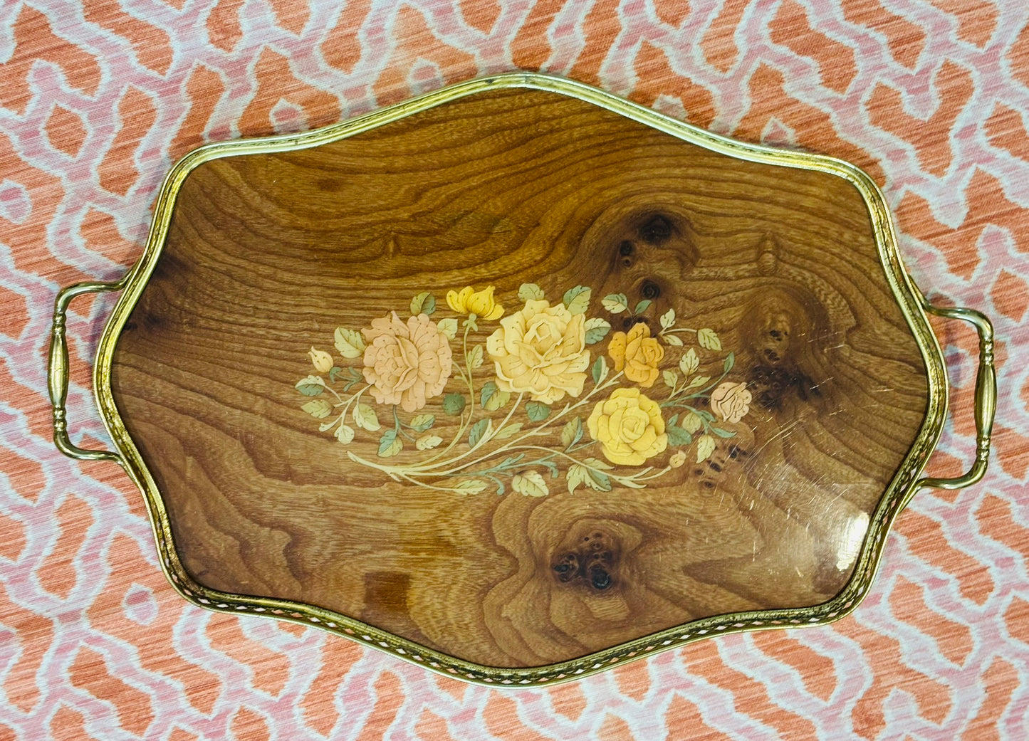 Wood inlay Italian floral tray with brass 16.5 x 11 x 1.5 h