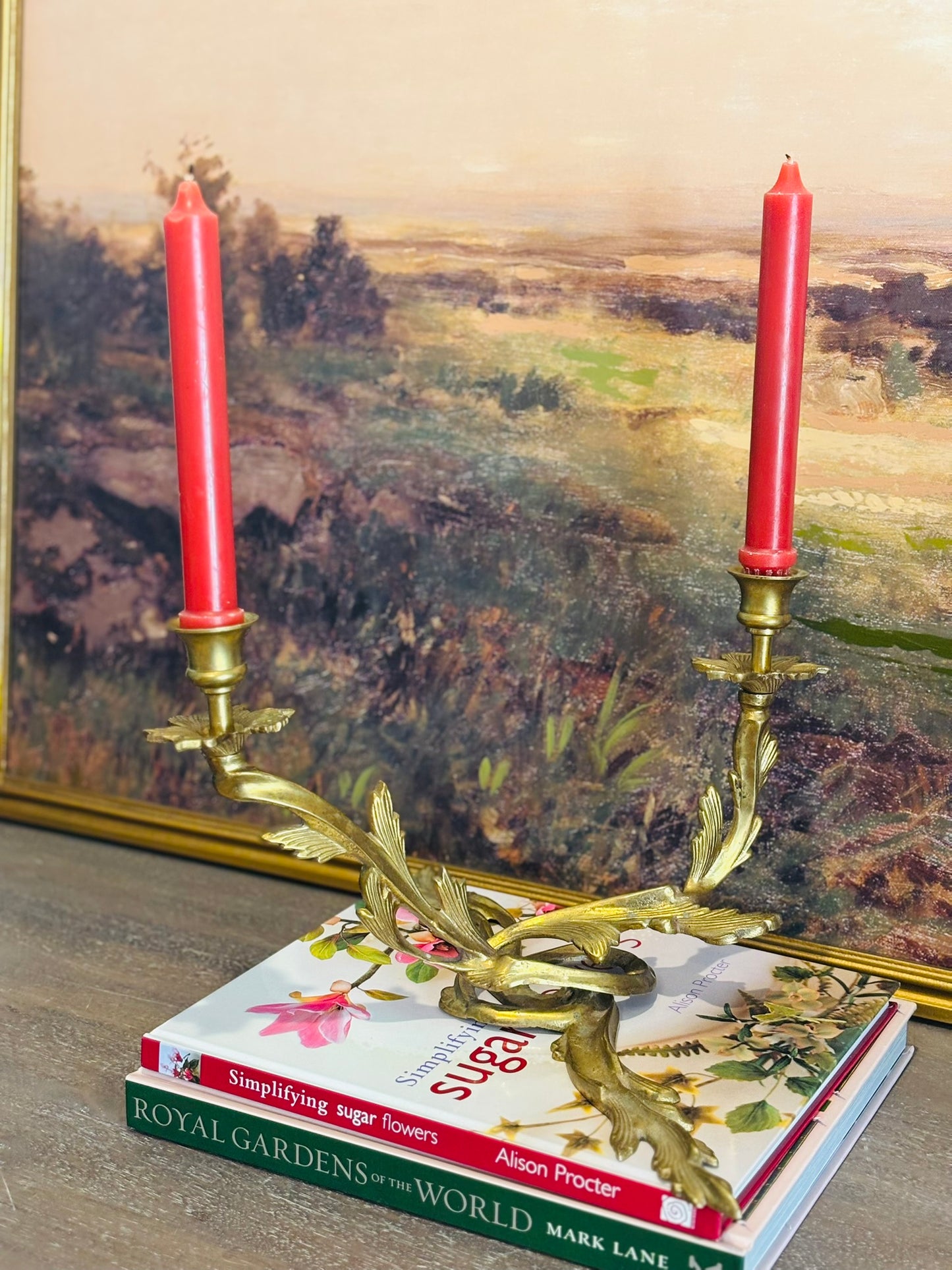 Brass 2 arm floral candelabra 13.5 x 8.5 h x 15 l