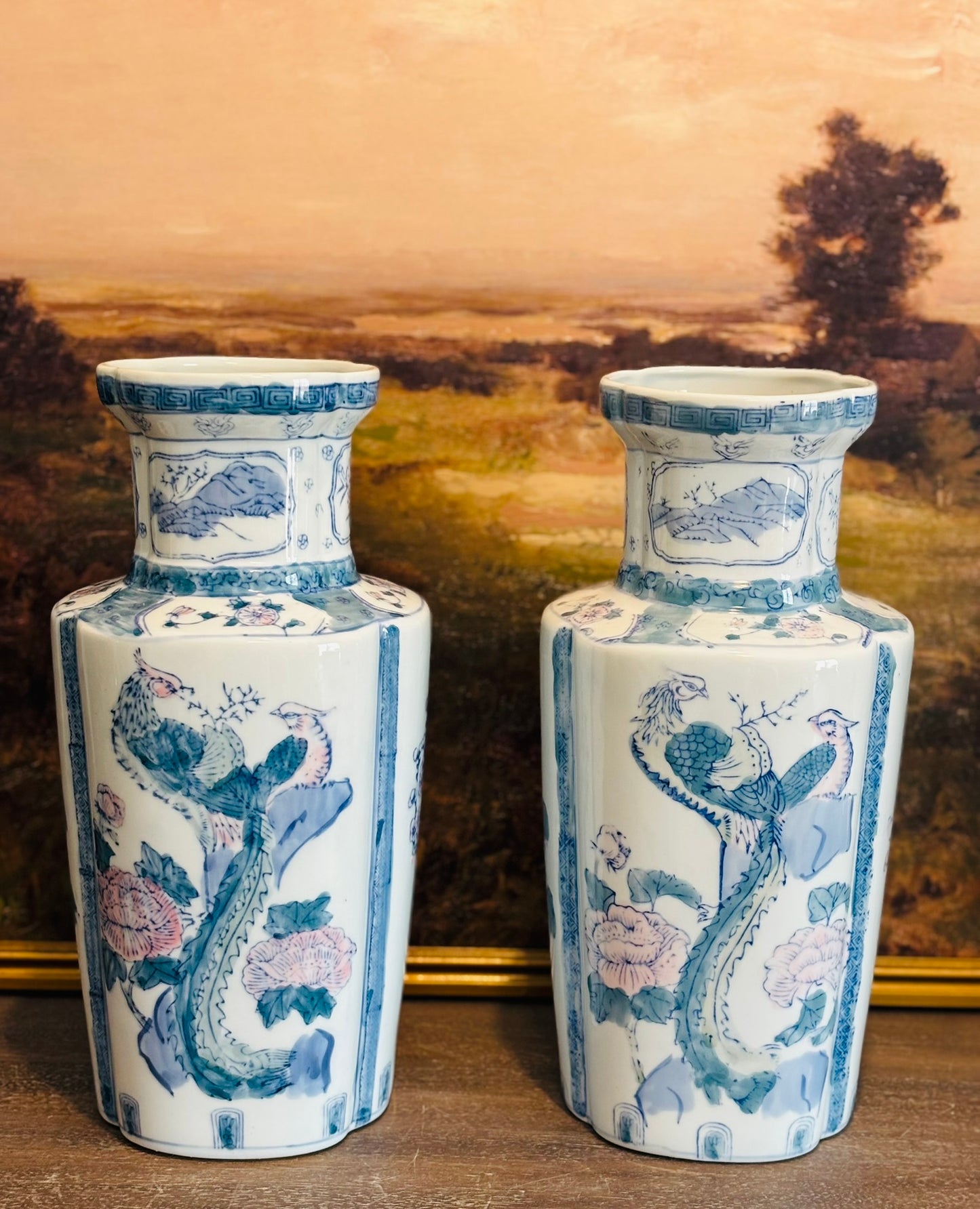 Pair of pastel chinoiserie bird vases 14.5 x 7 each