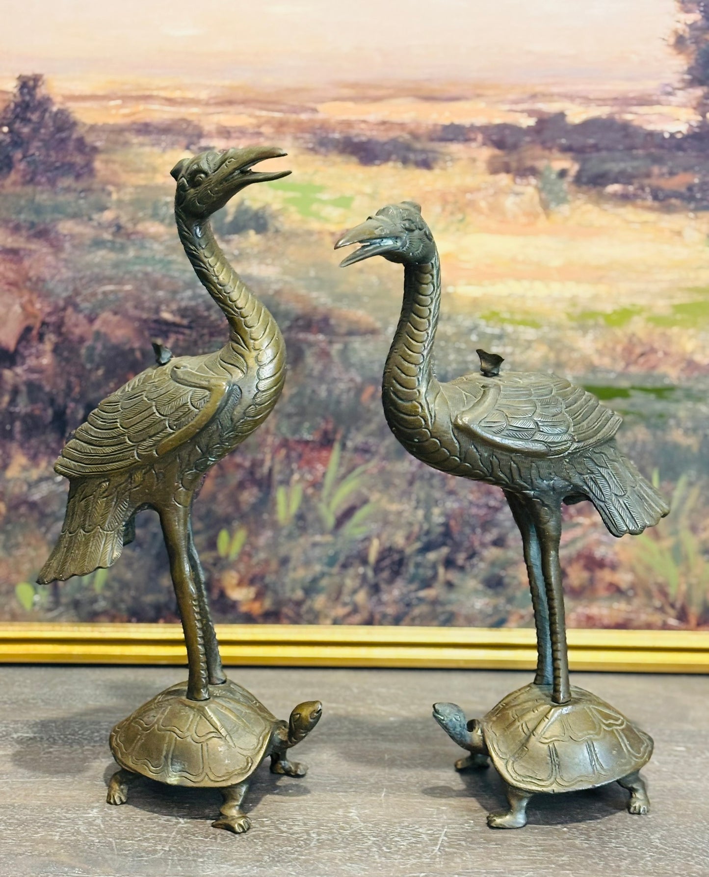 Pair of brass crane/turtles 15 h 4 w 8 d