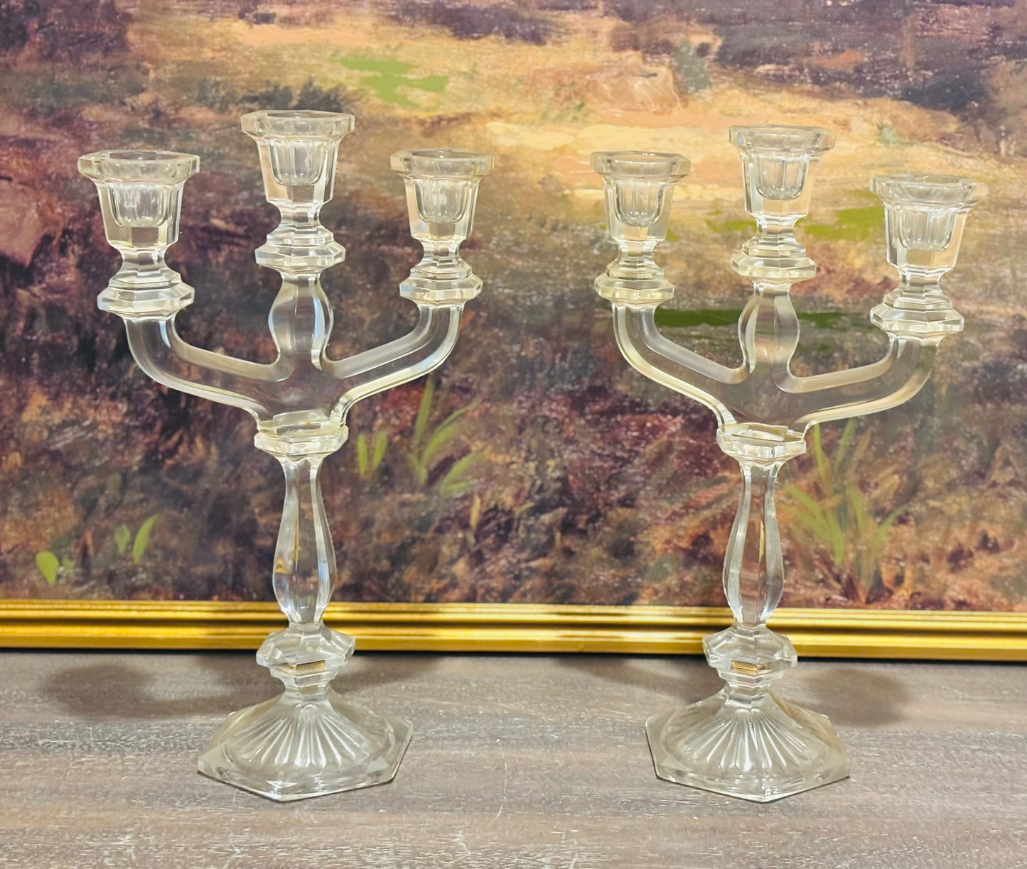 Pair of crystal triple candleholders 12 h 7.5 w 4 d