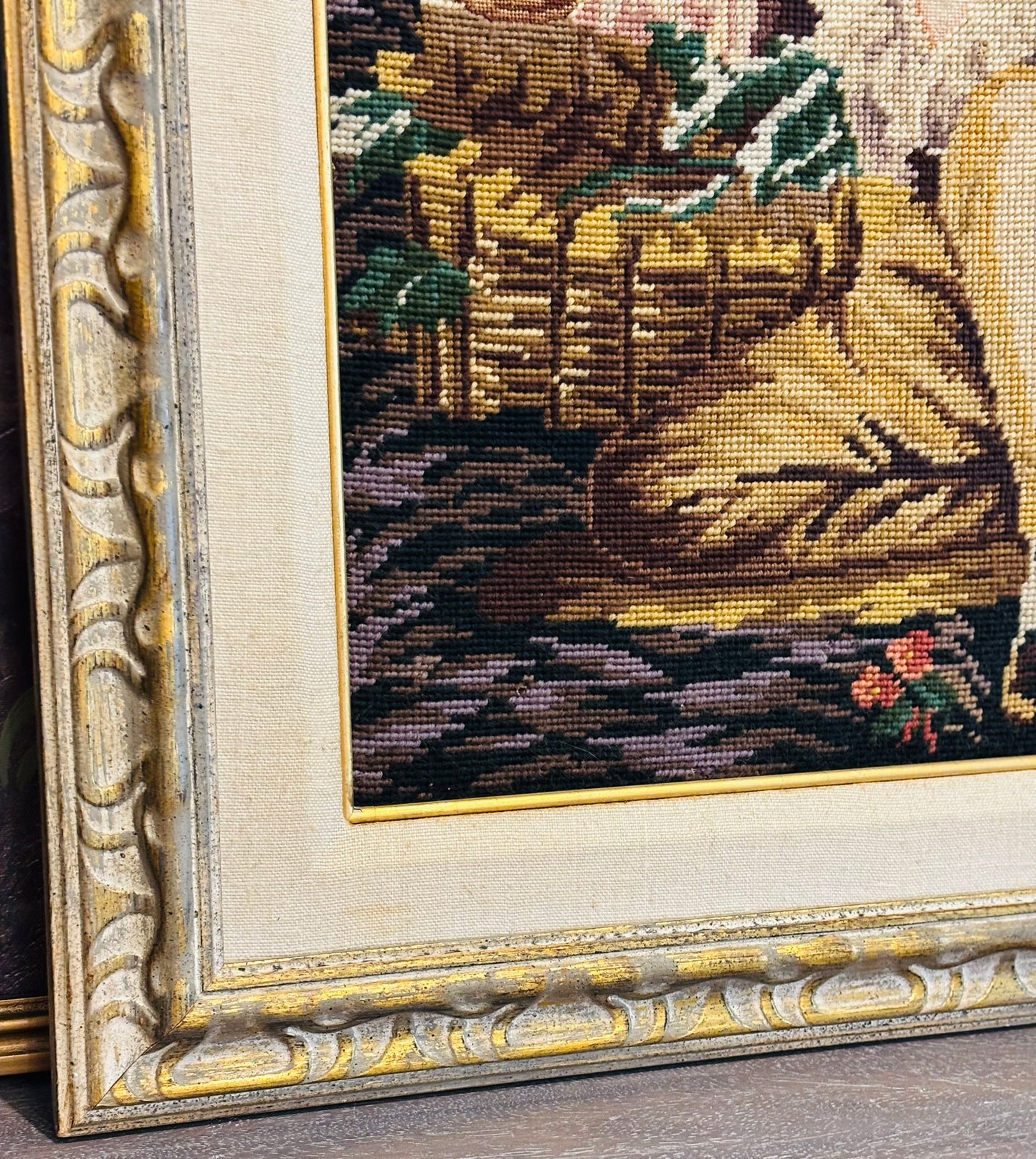 Antique Boy with Rabbit Needlepoint in Ornate Frame 24 x28