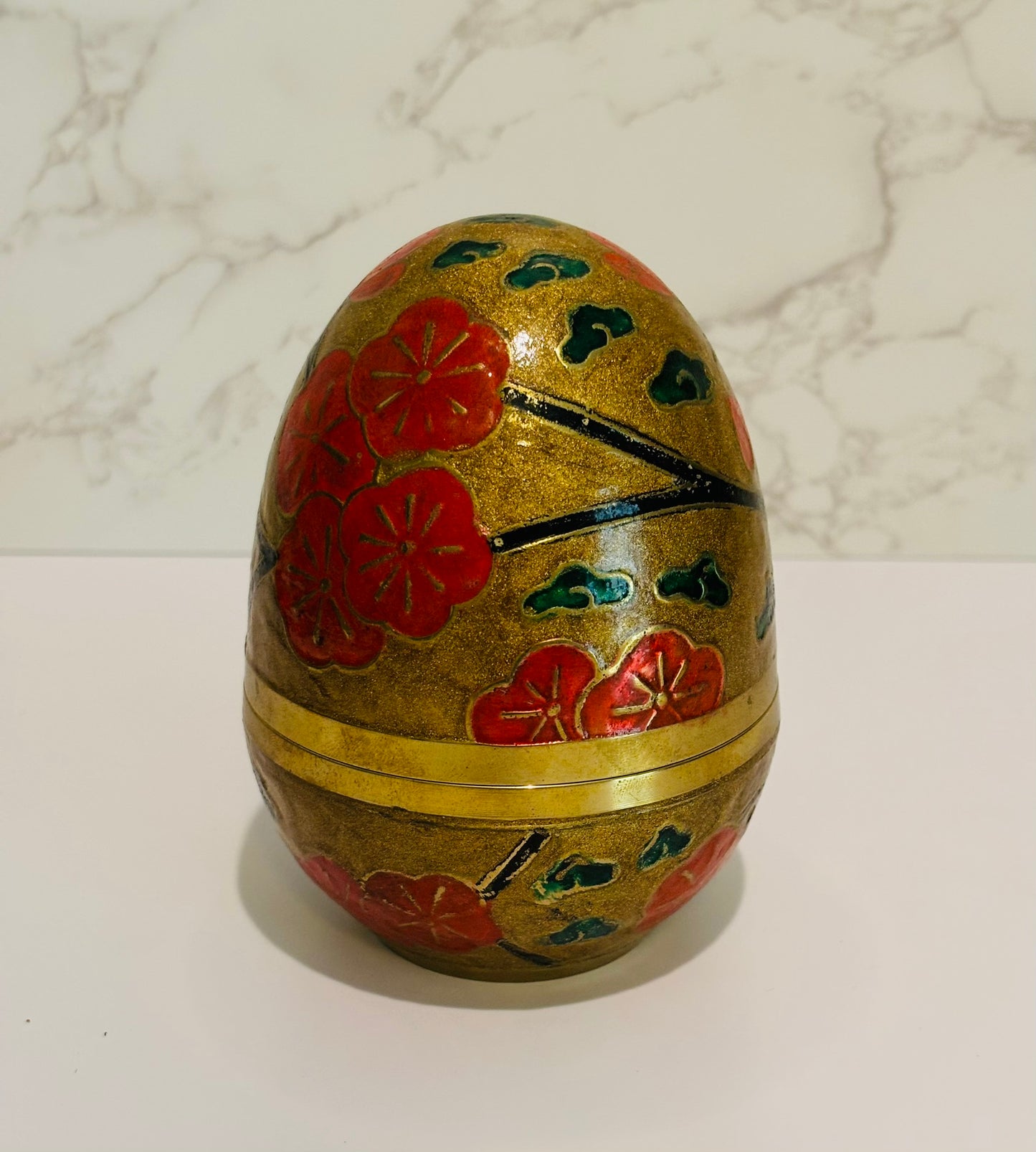 Brass, green and orange large floral egg dish 5 inches high 3.5 d/w