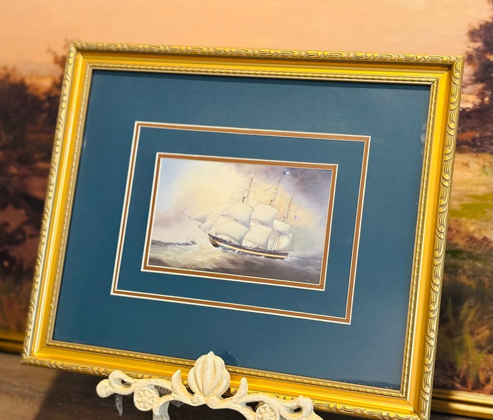 Set of 2 Framed Blue Ship Prints 14 x 17