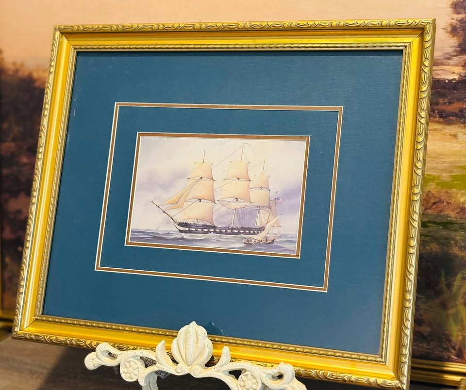 Set of 2 Framed Blue Ship Prints 14 x 17