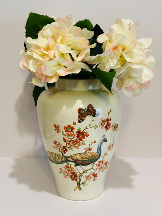 XL Butterfly Peacock Glazed White Vase with Pink Flowers 11 x 7