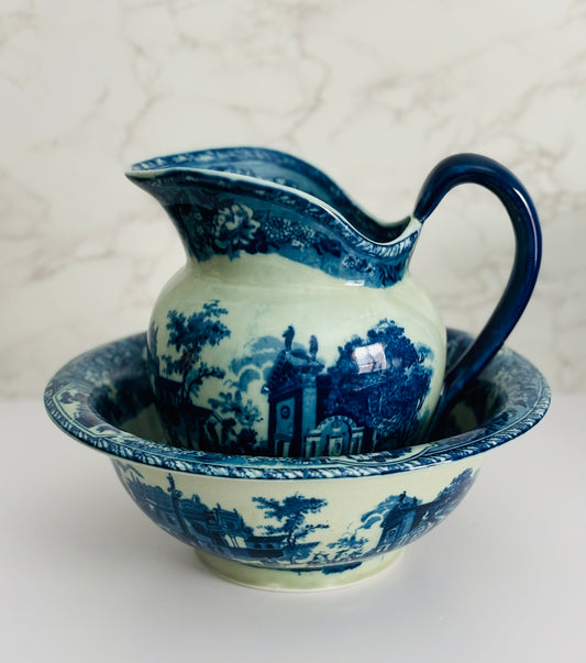 Victoria Ware Blue and White Pitcher and Basin 9 h x 10 w, 12.25 w x 4.5 high