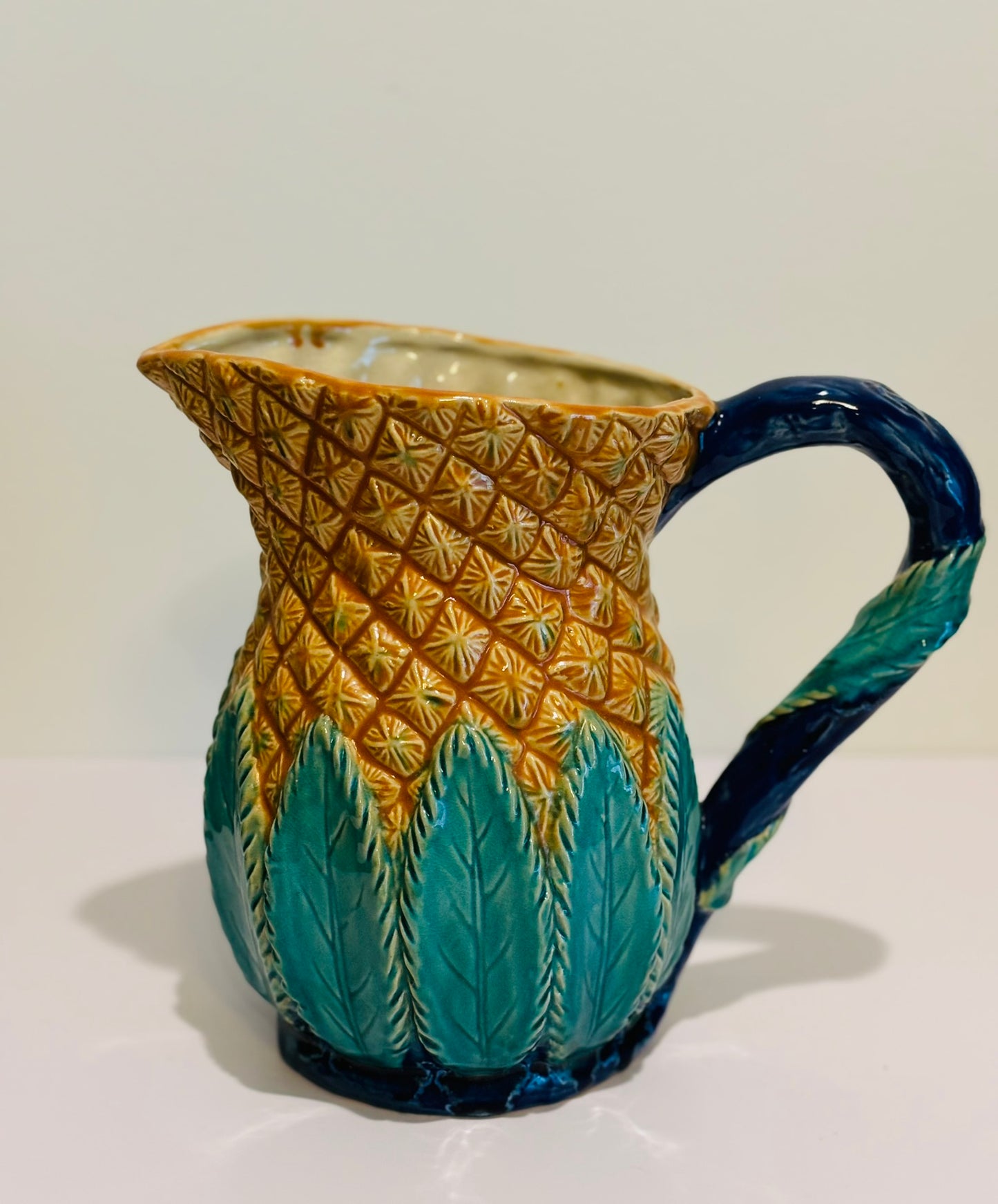 Large Pitcher Majolica Style  9.5 inches high 10.5 w 7 d