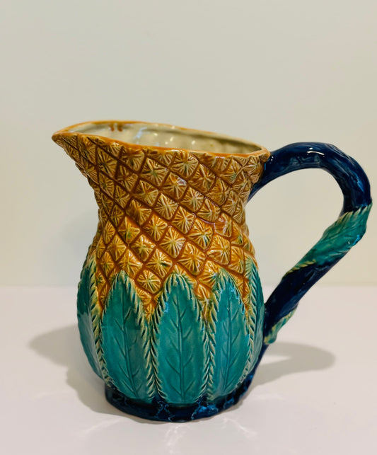 Large Pitcher Majolica Style  9.5 inches high 10.5 w 7 d