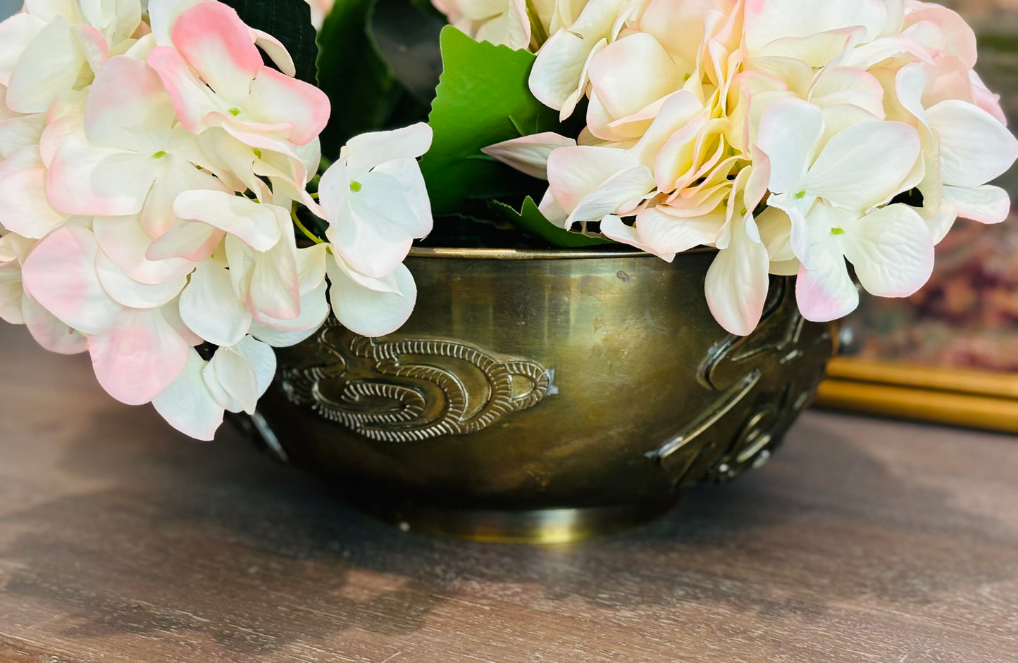 Vintage 1960s Chinese Brass Bowl with symbols 12 w x 5 h