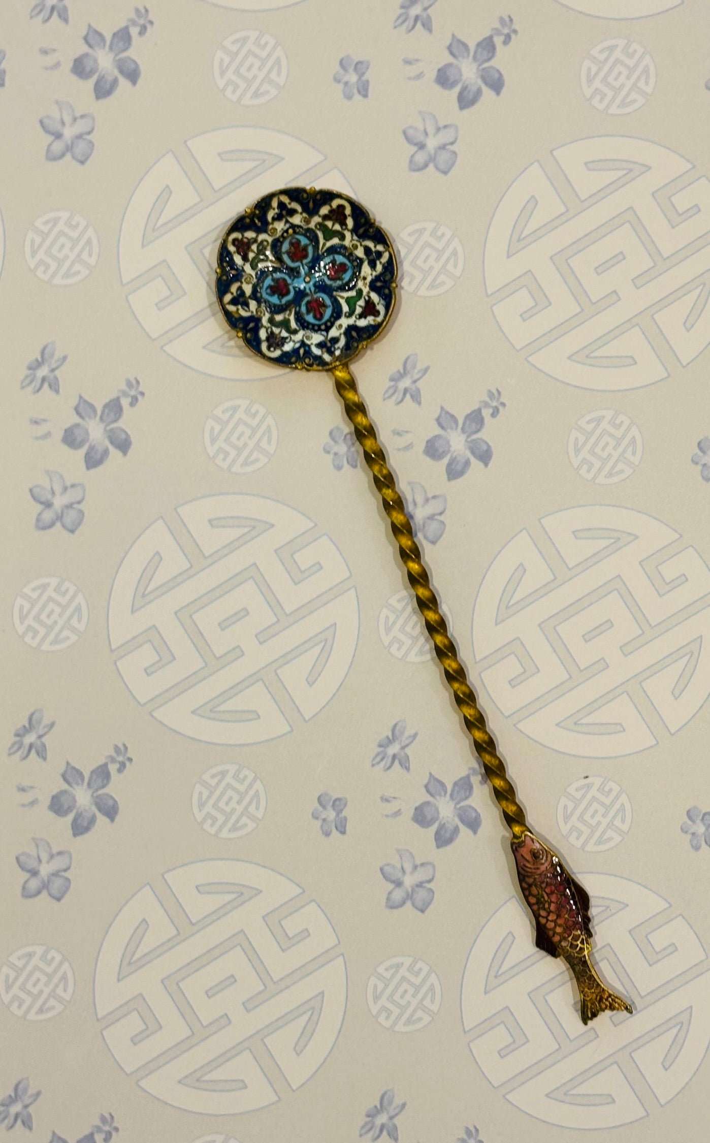 Vintage Cloisonne Brass Spoon 6.75 long