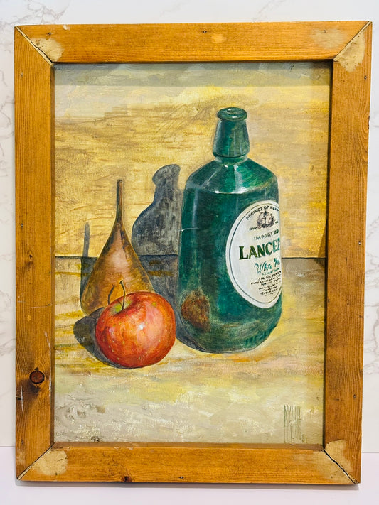 Italian painting signed and dated chunky wood frame- bottle 13.75 w x 18 h x 2 d