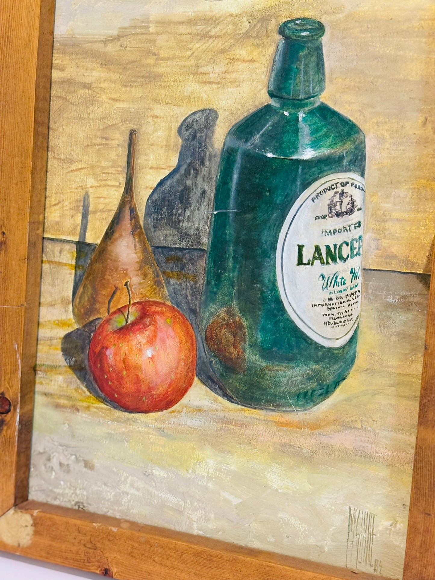 Italian painting signed and dated chunky wood frame- bottle 13.75 w x 18 h x 2 d