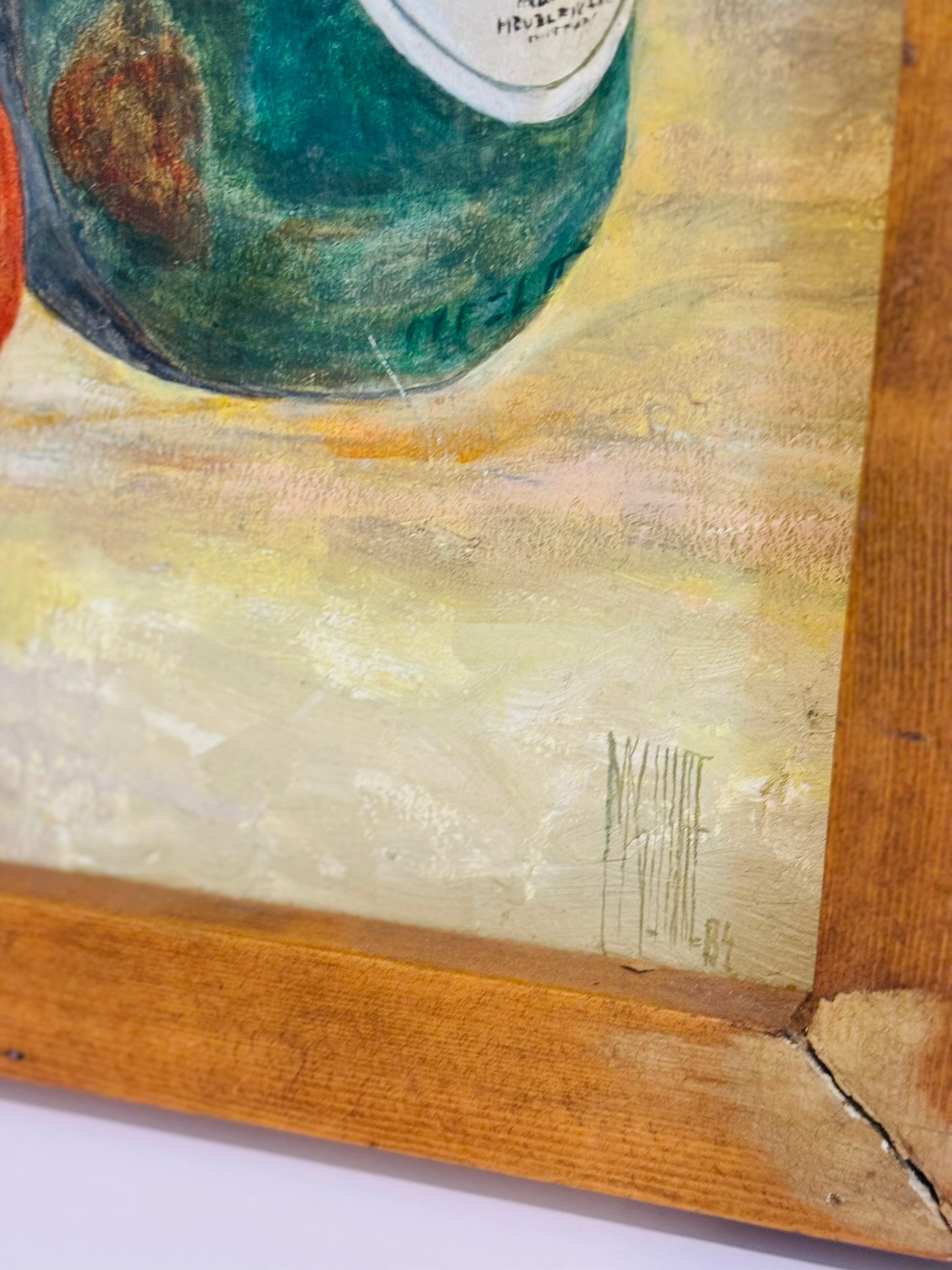 Italian painting signed and dated chunky wood frame- bottle 13.75 w x 18 h x 2 d