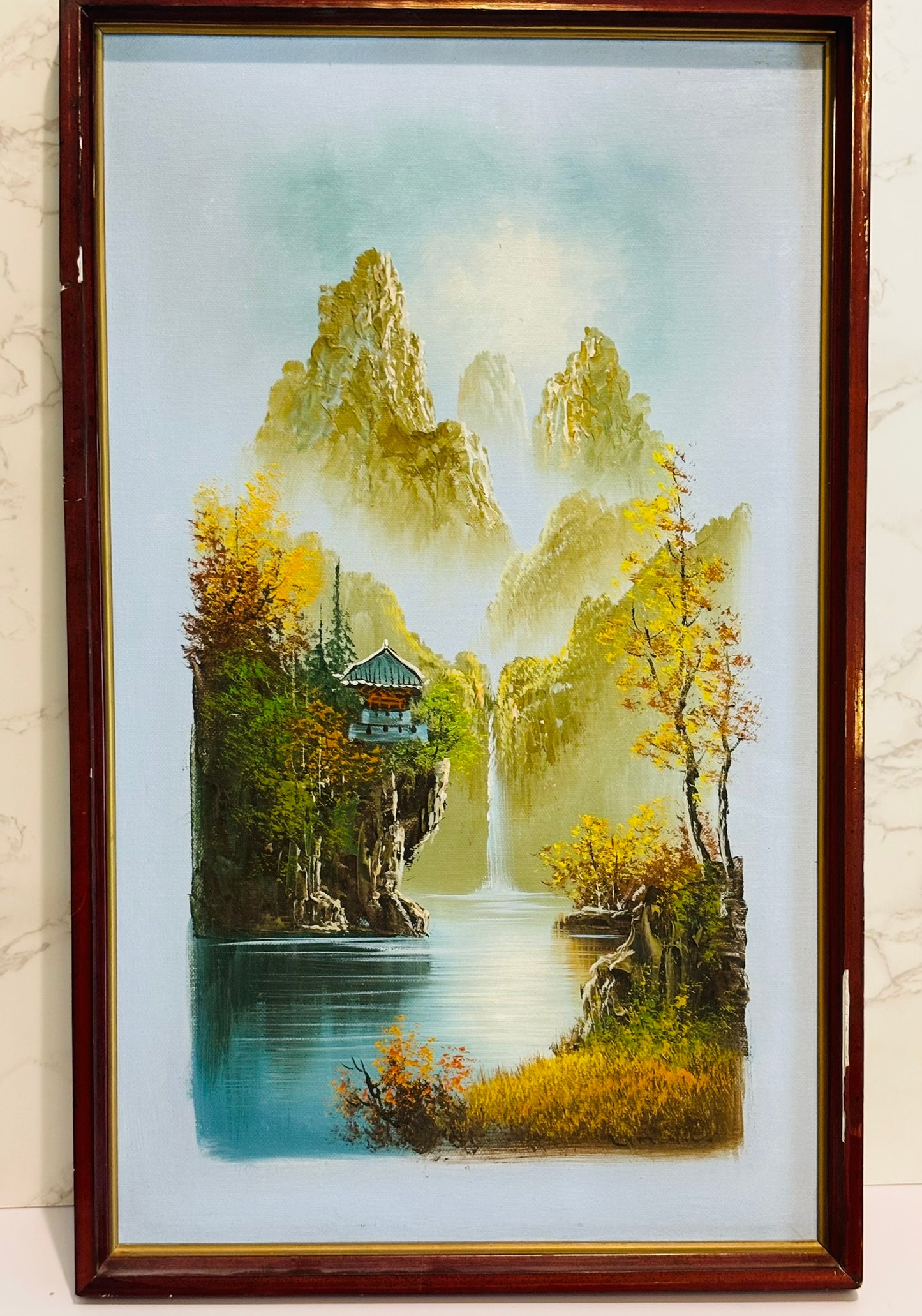 Tall blue pagoda painting 12.75 w x 21 h Sun Jin Hee