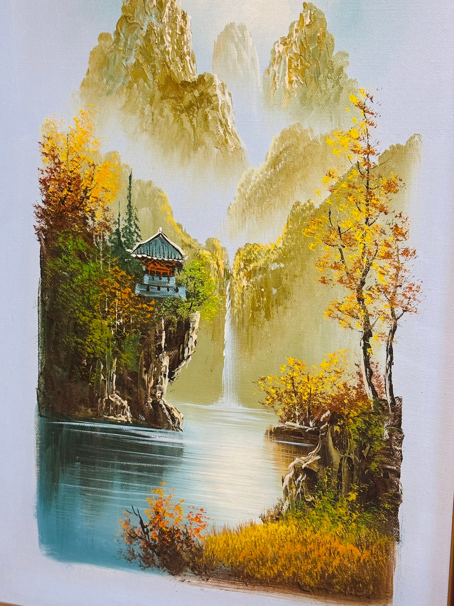 Tall blue pagoda painting 12.75 w x 21 h Sun Jin Hee