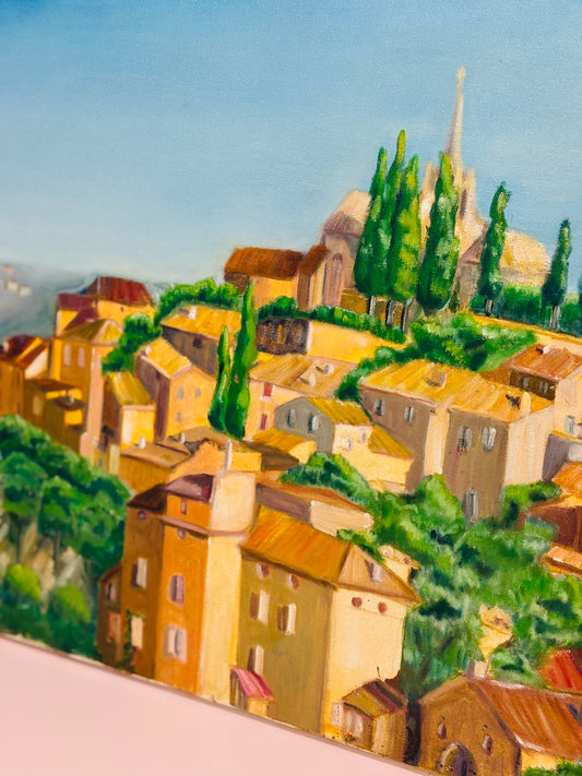 Still life painting on canvas 24 w x 18 h Green and Yellow Italian Village