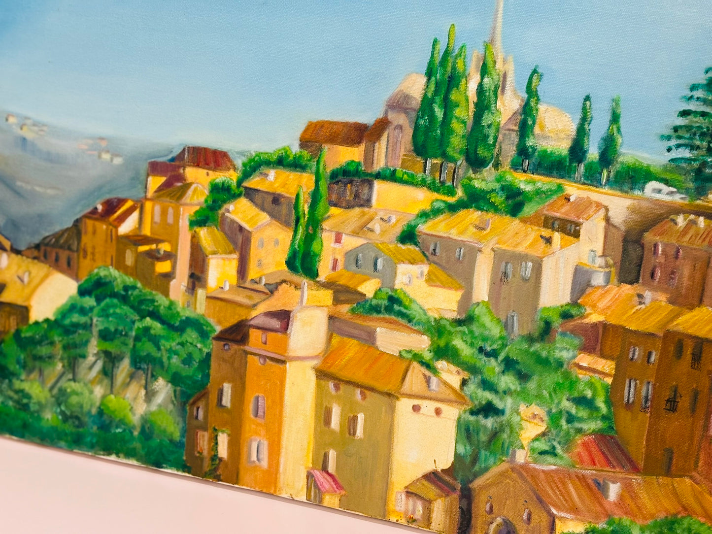 Still life painting on canvas 24 w x 18 h Green and Yellow Italian Village