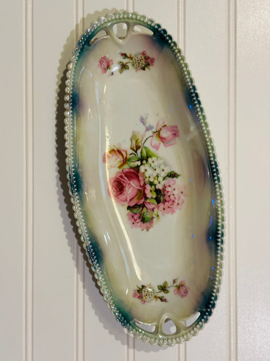 Siligia oval green and pink floral dish 12.25 x 5.5 x 1.75