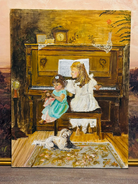 2 girls playing piano painting on canvas 18 x 24 x .75