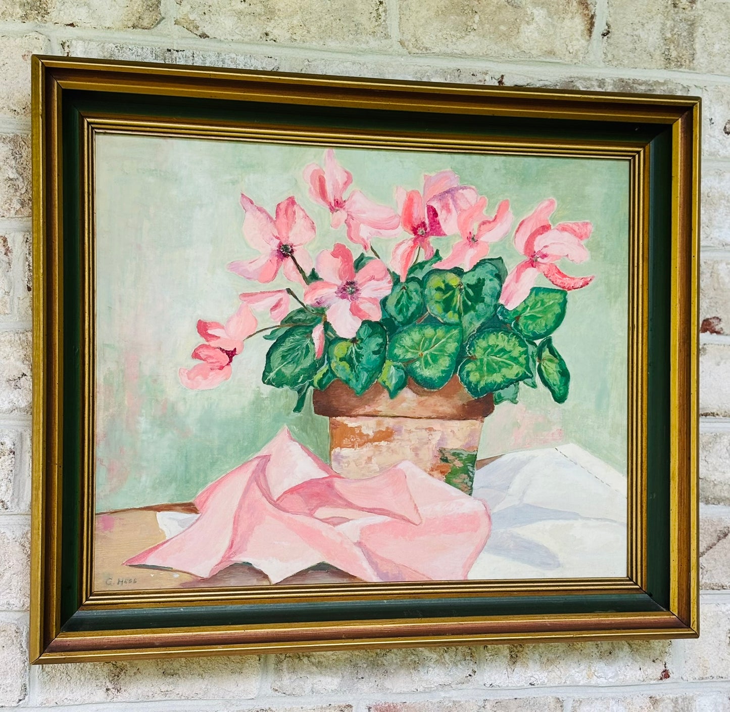 Original Framed Oil Painting of Pink Cyclamen Flowers signed G. His 19.5 x 23.5