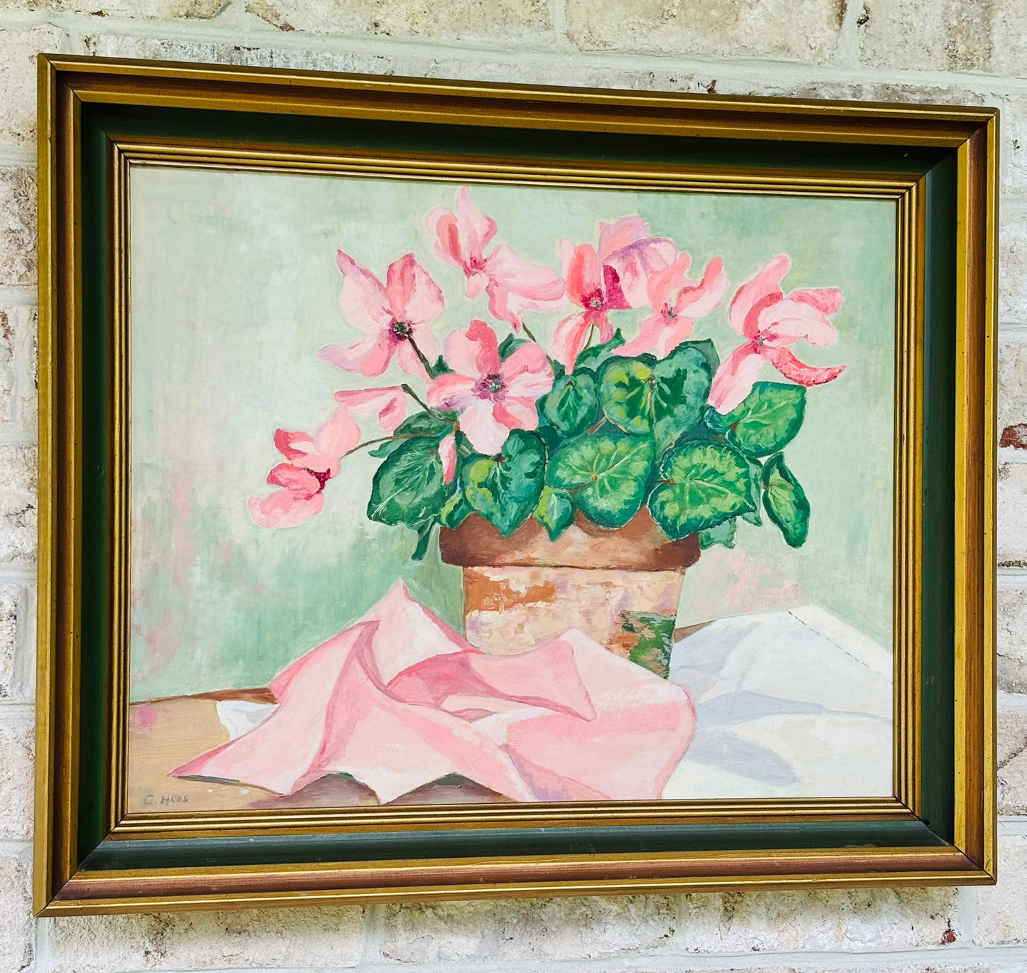 Original Framed Oil Painting of Pink Cyclamen Flowers signed G. His 19.5 x 23.5
