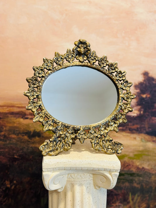 Antique Gold Mirror on Stand with Fleur De Lis 10 x 10 x 5 d