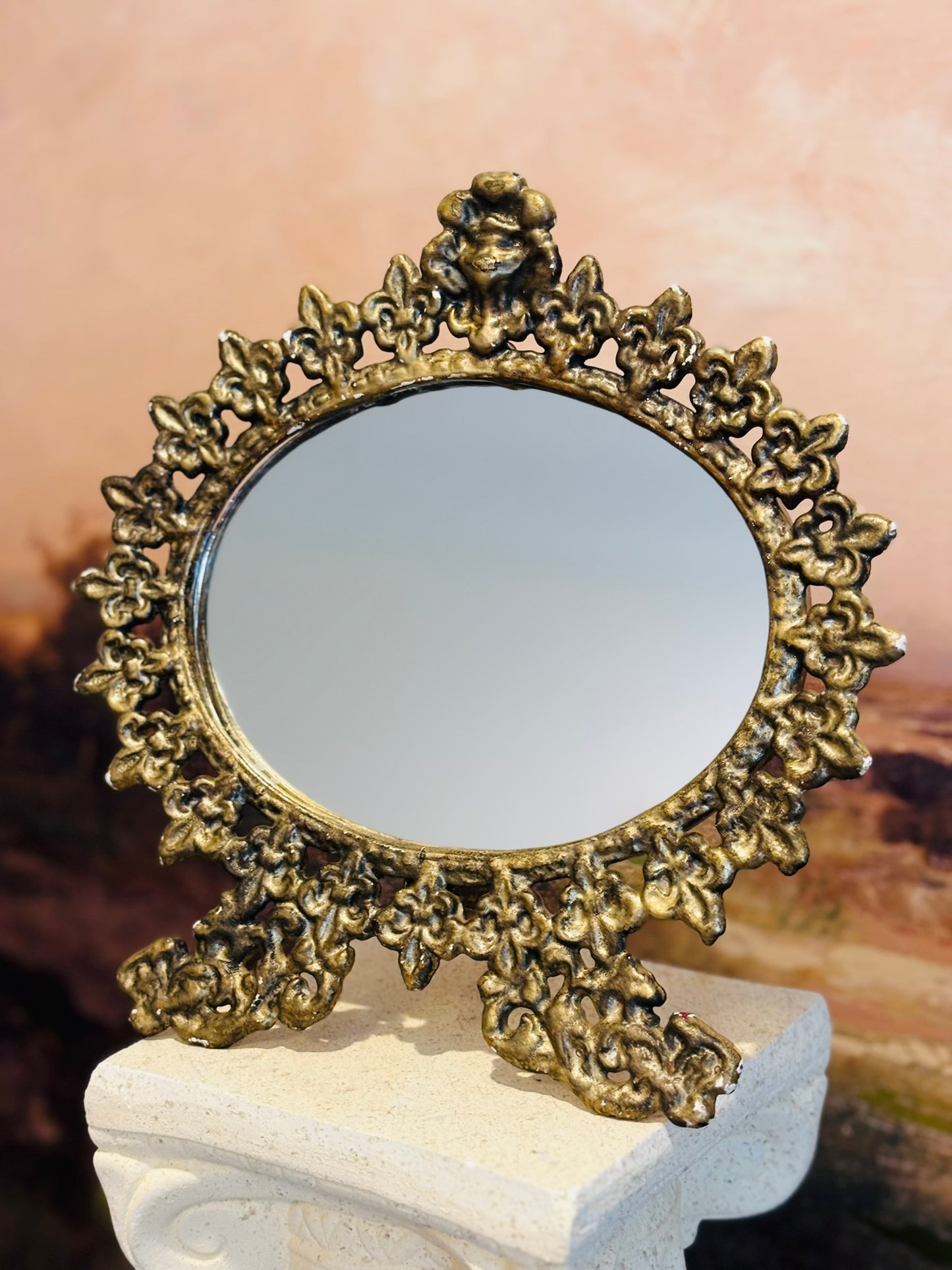 Antique Gold Mirror on Stand with Fleur De Lis 10 x 10 x 5 d