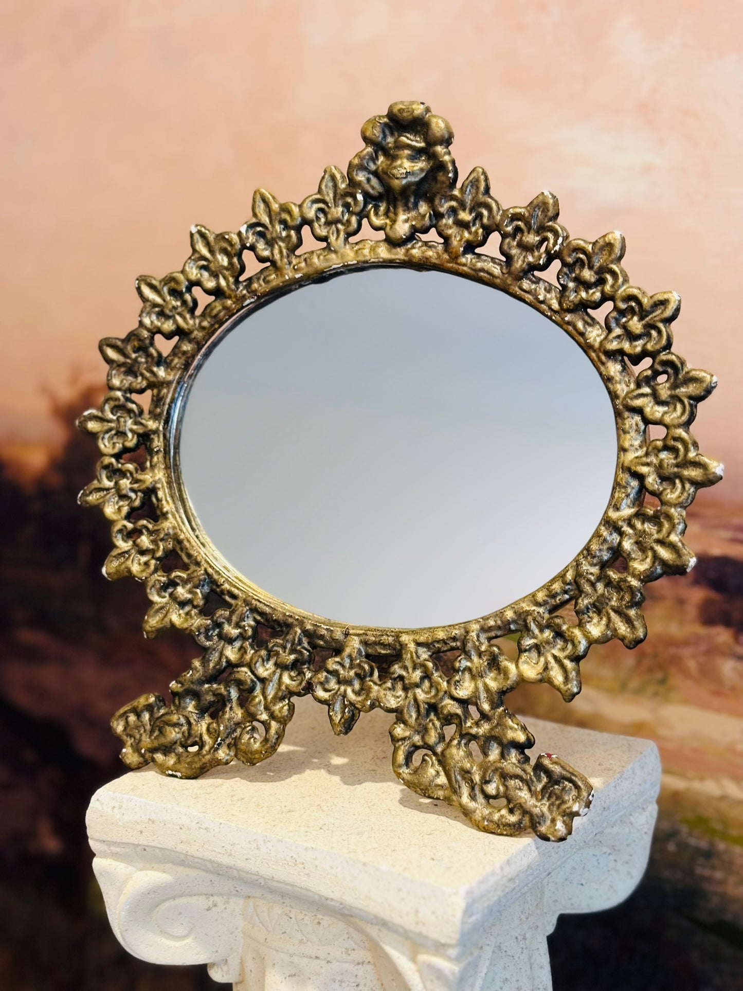 Antique Gold Mirror on Stand with Fleur De Lis 10 x 10 x 5 d
