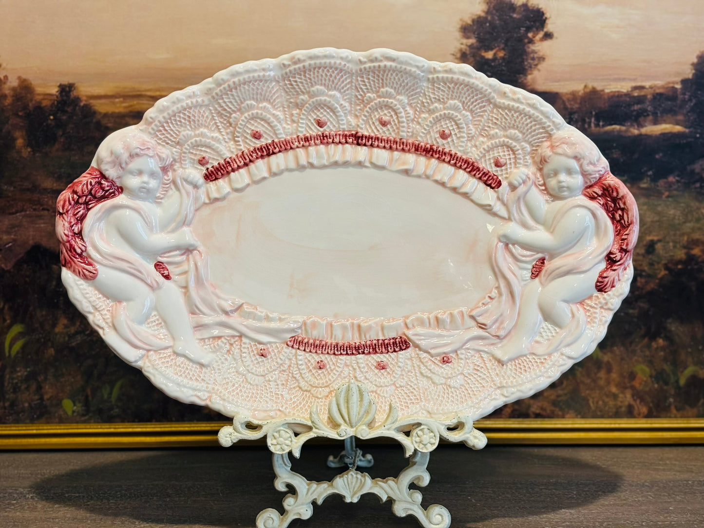 Vintage Pink and White Cherub Platter 20 w 13 h 2.5 d