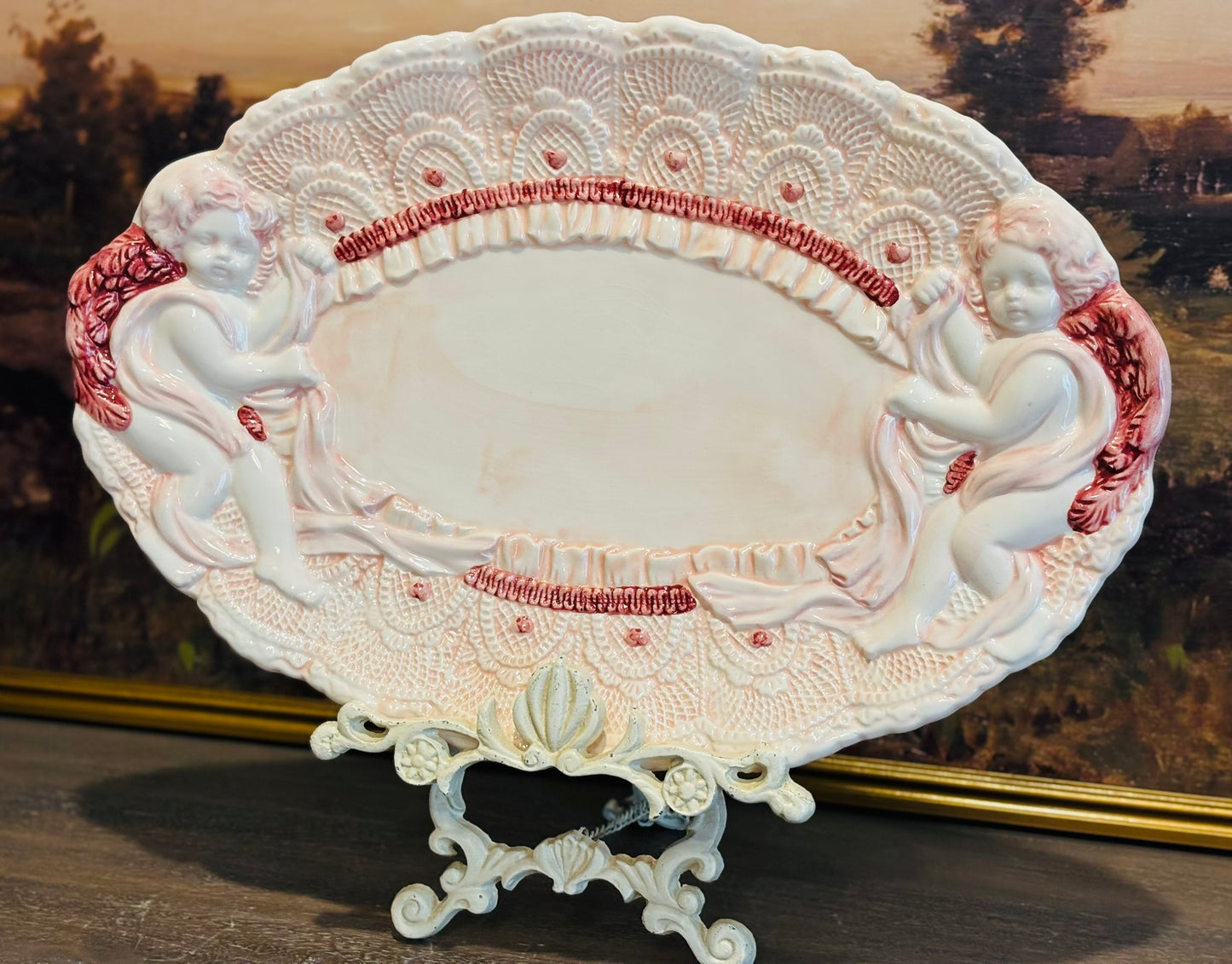 Vintage Pink and White Cherub Platter 20 w 13 h 2.5 d