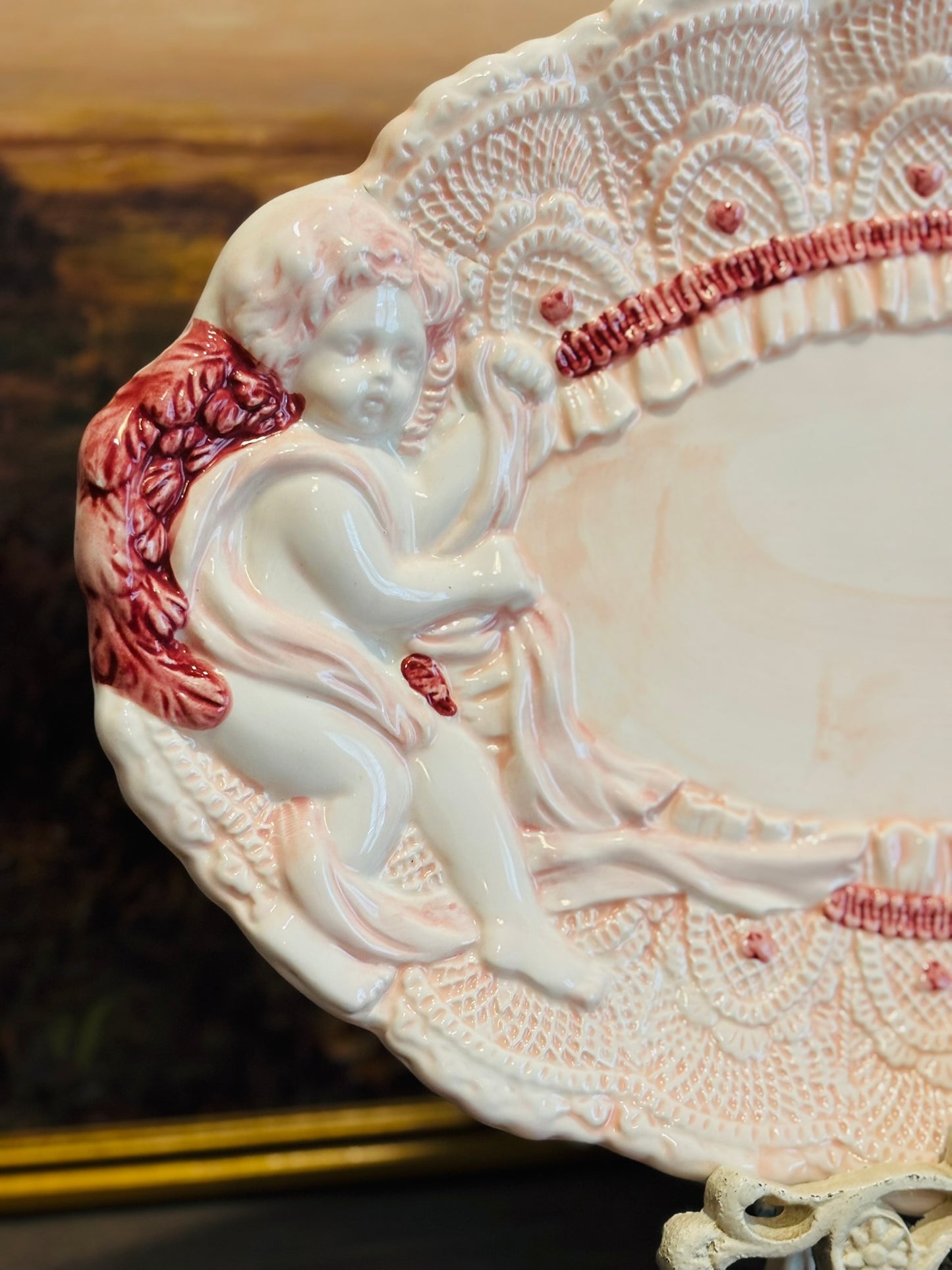 Vintage Pink and White Cherub Platter 20 w 13 h 2.5 d