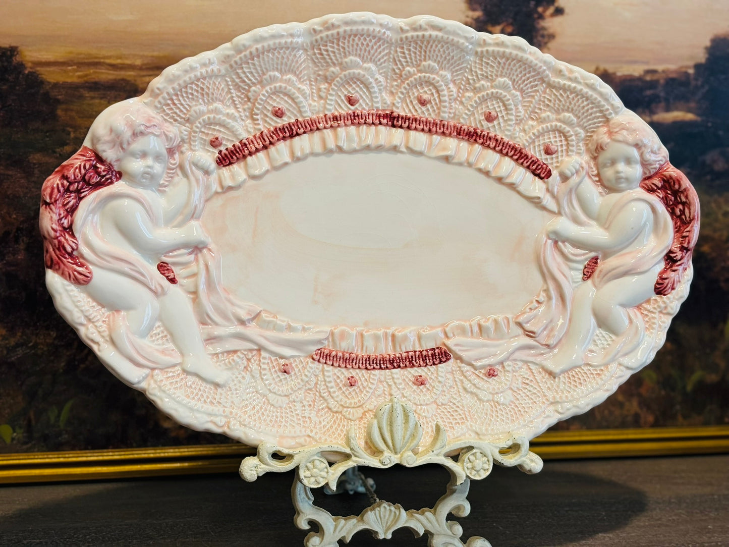 Vintage Pink and White Cherub Platter 20 w 13 h 2.5 d