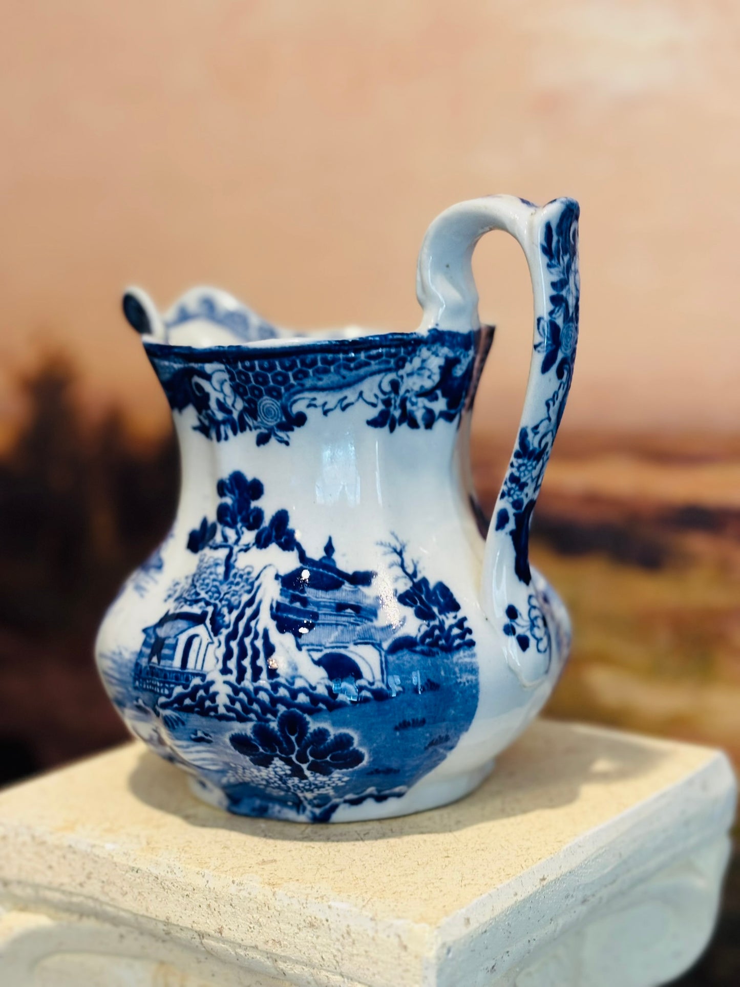 Ashworth Bros  Blue and white pitcher 6.5 d 6.5 h 5.5 w