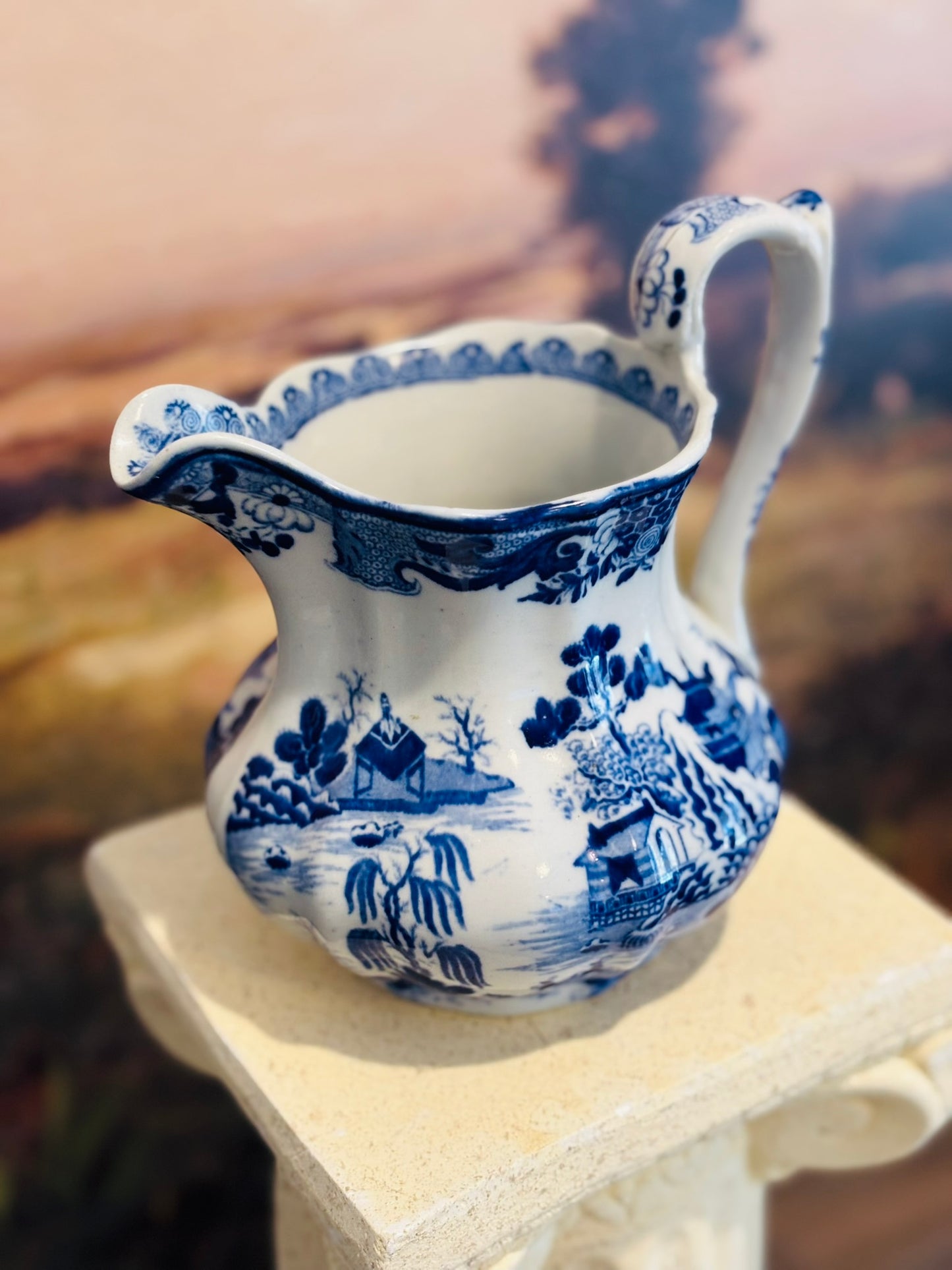 Ashworth Bros  Blue and white pitcher 6.5 d 6.5 h 5.5 w
