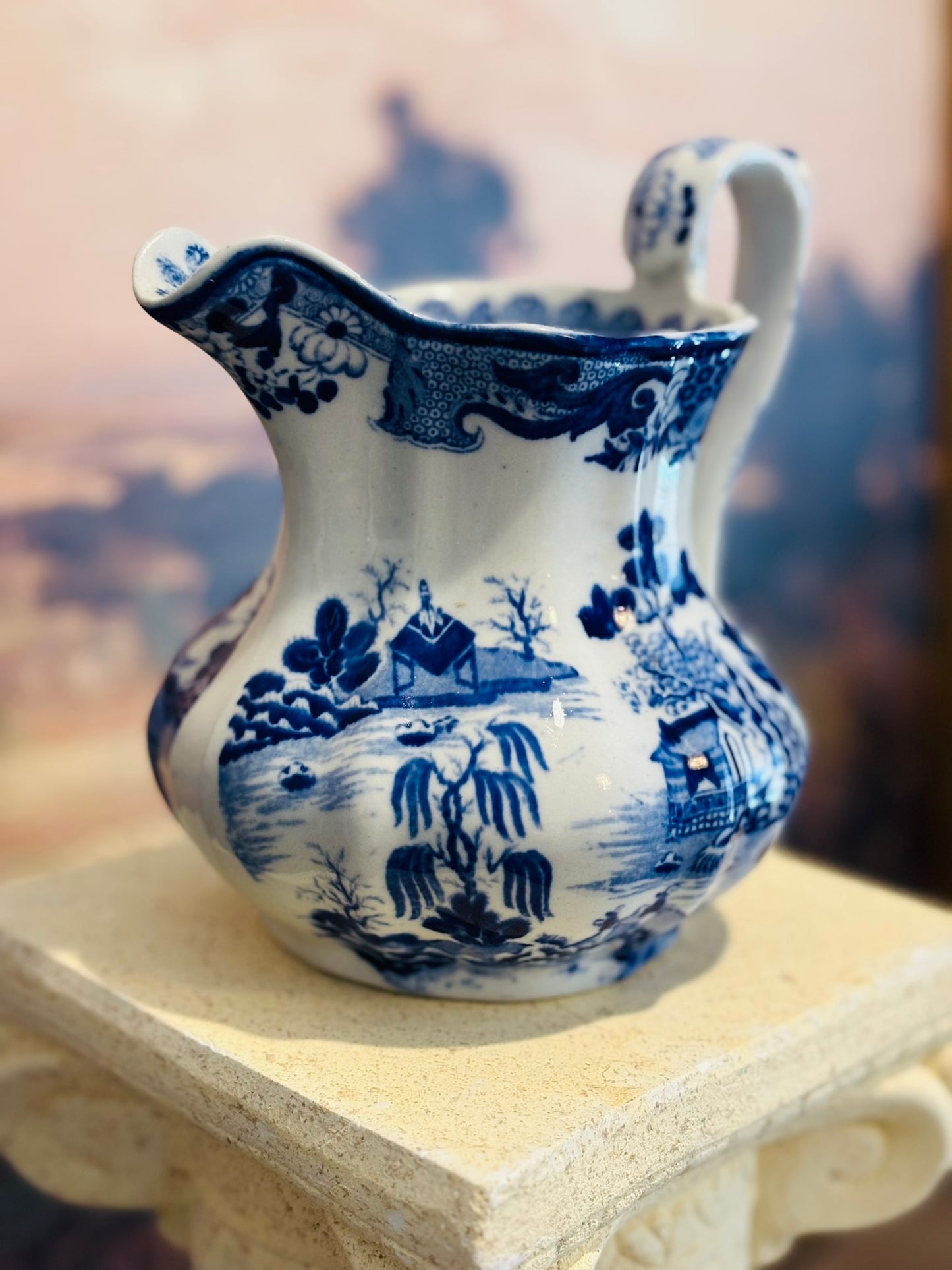 Ashworth Bros  Blue and white pitcher 6.5 d 6.5 h 5.5 w