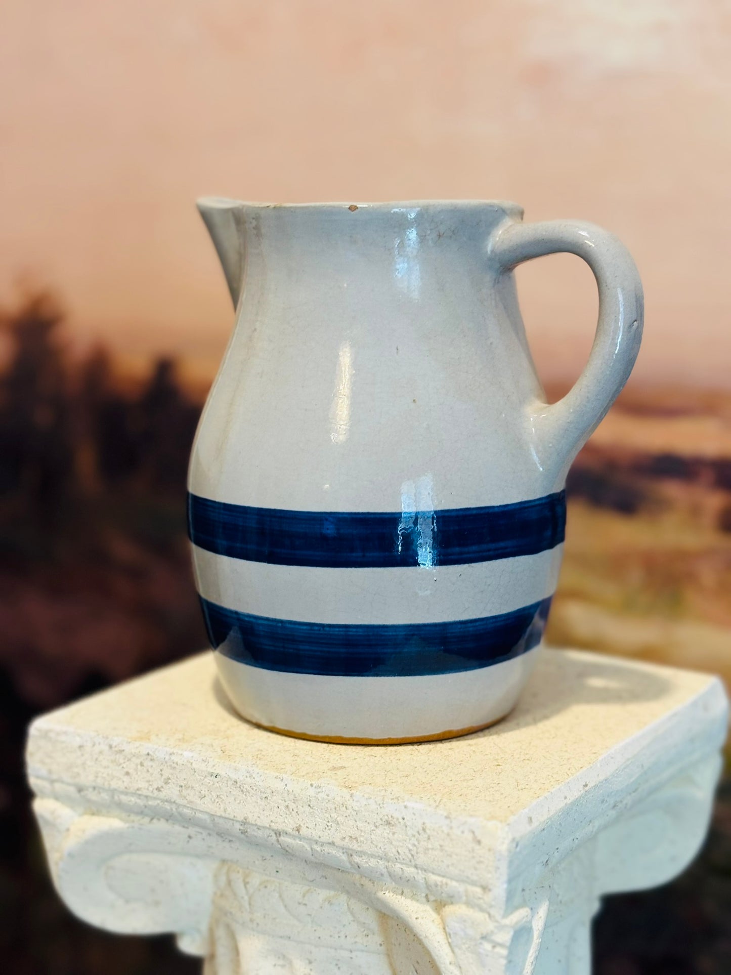 Stoneware Crock Blue Striped Pottery Jug  6 d/h 5 w