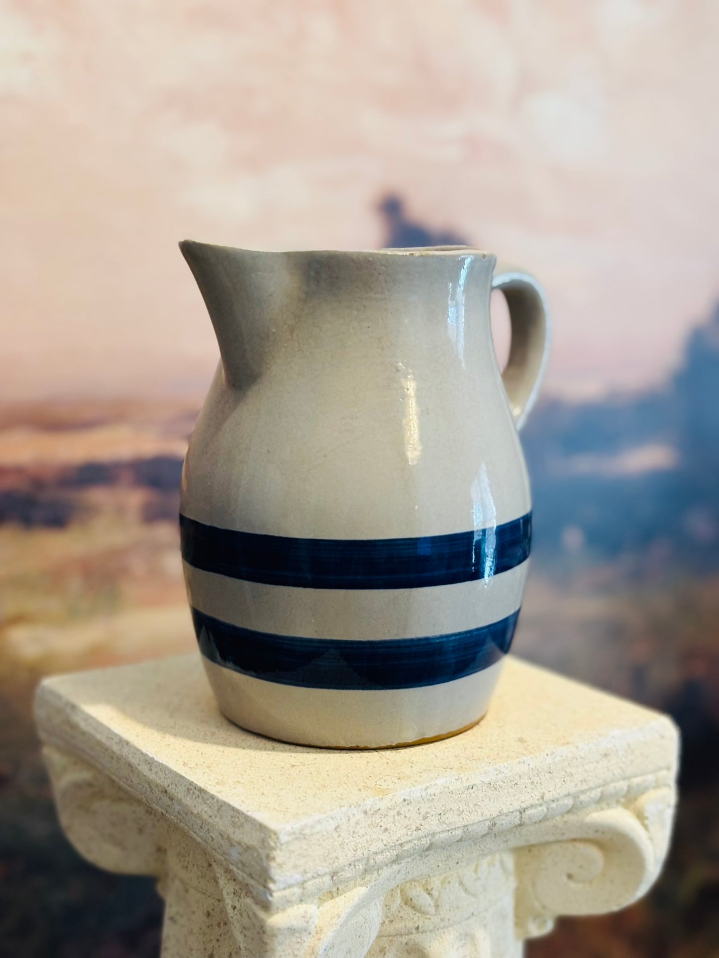 Stoneware Crock Blue Striped Pottery Jug  6 d/h 5 w