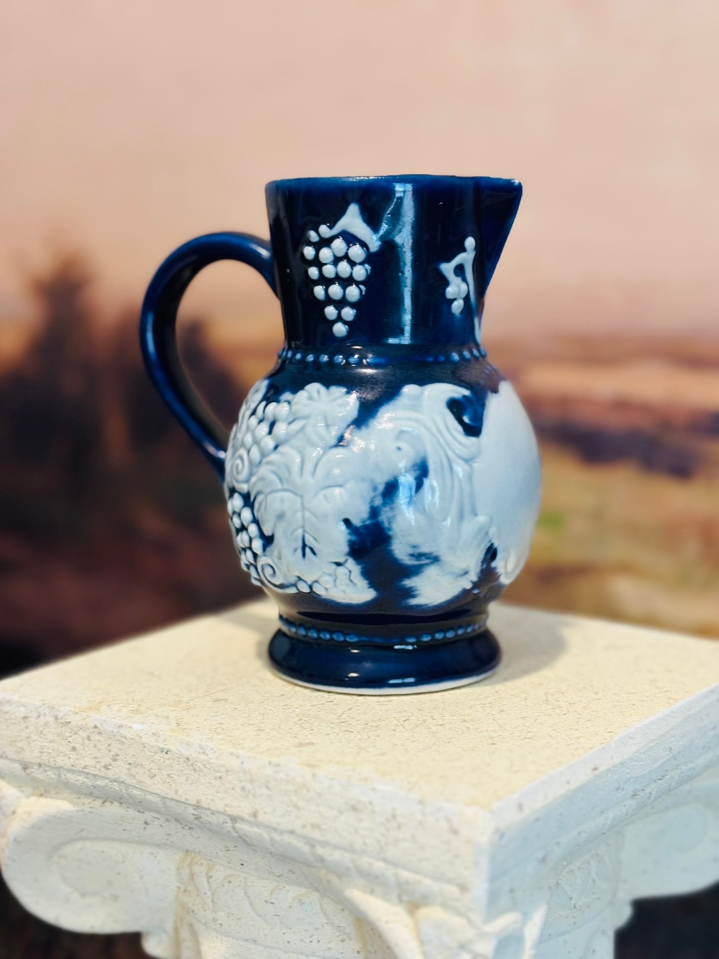 Blue Stoneware Exclusil Chamart France pitcher 5.25 h/d 3.25 w