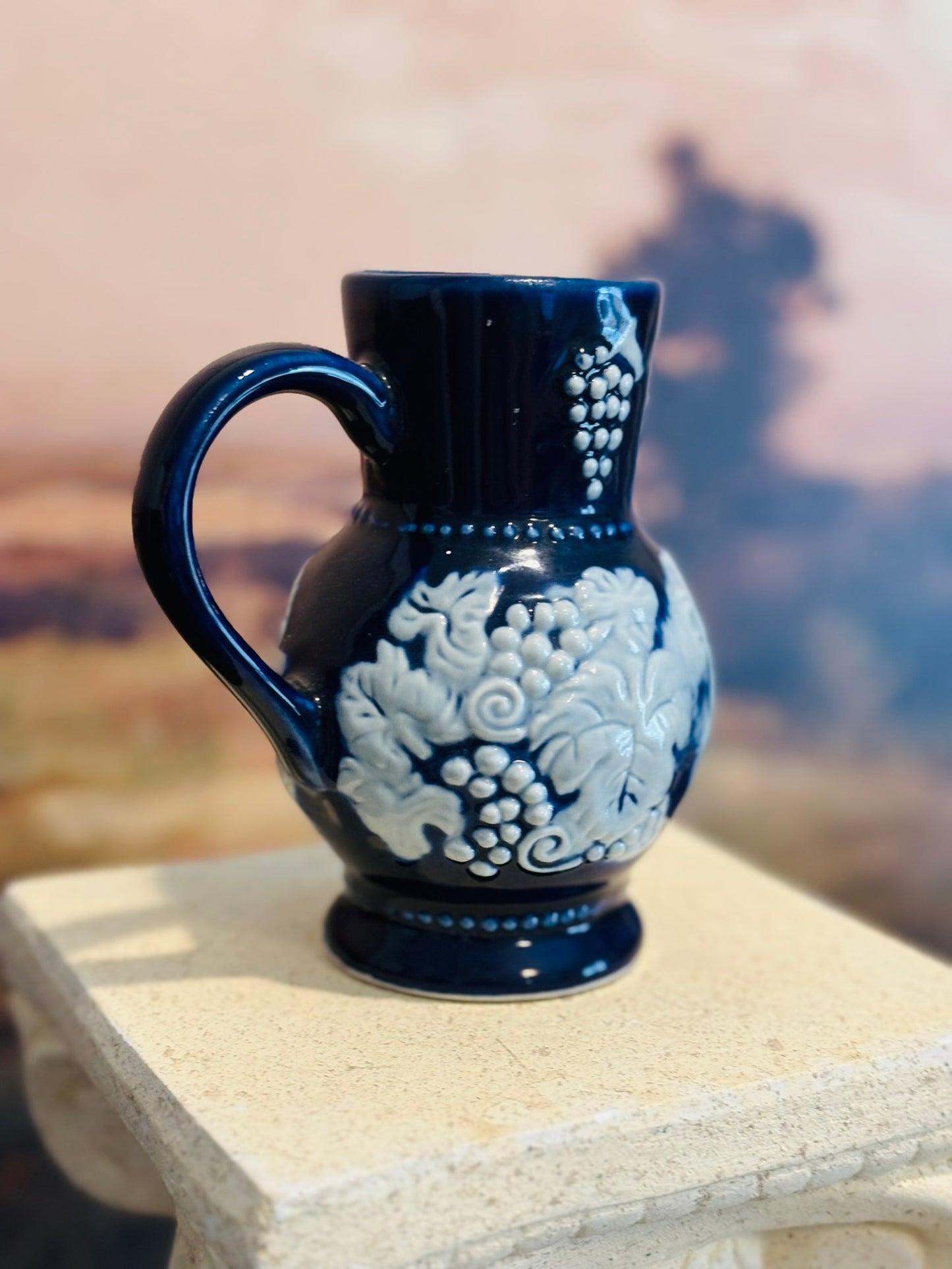 Blue Stoneware Exclusil Chamart France pitcher 5.25 h/d 3.25 w