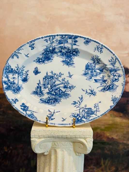 Blue and white china toile farm platter  12.75 w 9.75 h 1.25 d