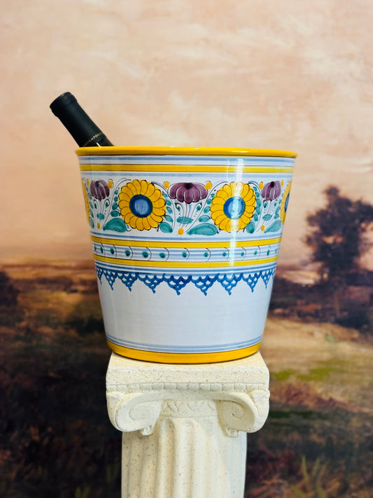 Yellow floral hand painted ice bucket 9.25 w x 8.5 h *chips around rim*