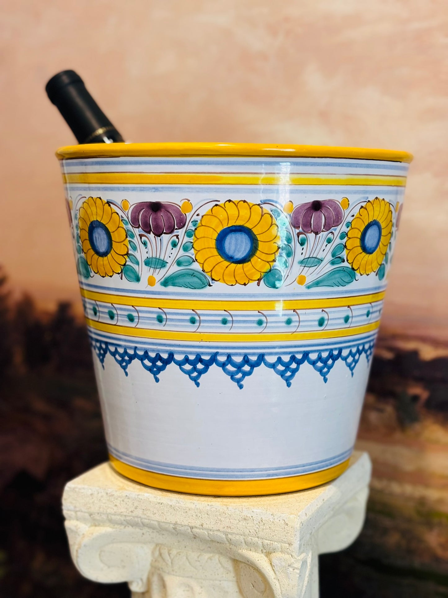 Yellow floral hand painted ice bucket 9.25 w x 8.5 h *chips around rim*
