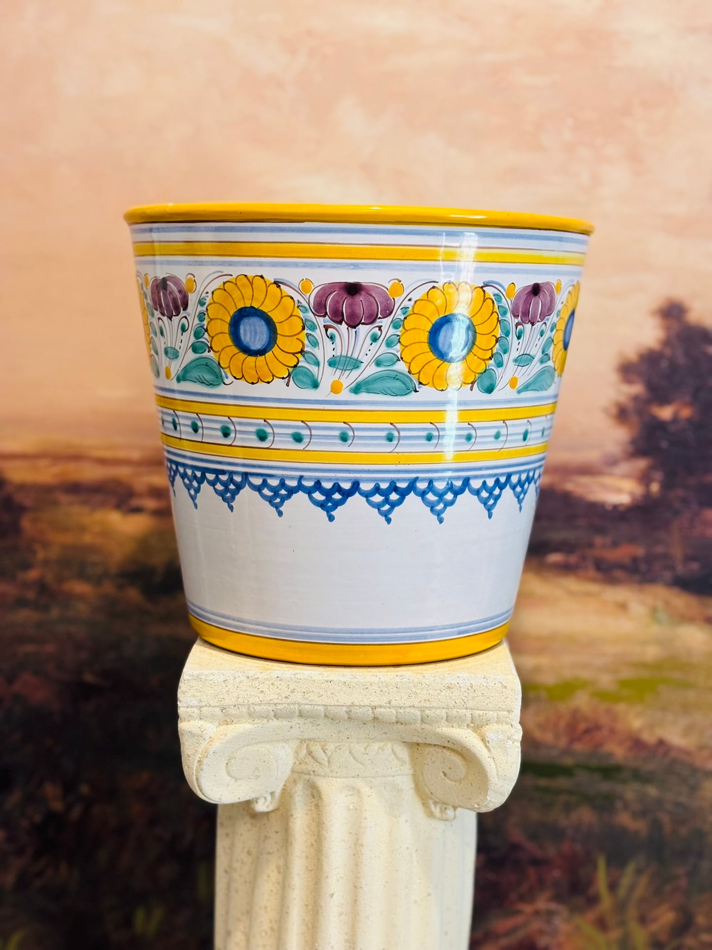 Yellow floral hand painted ice bucket 9.25 w x 8.5 h *chips around rim*