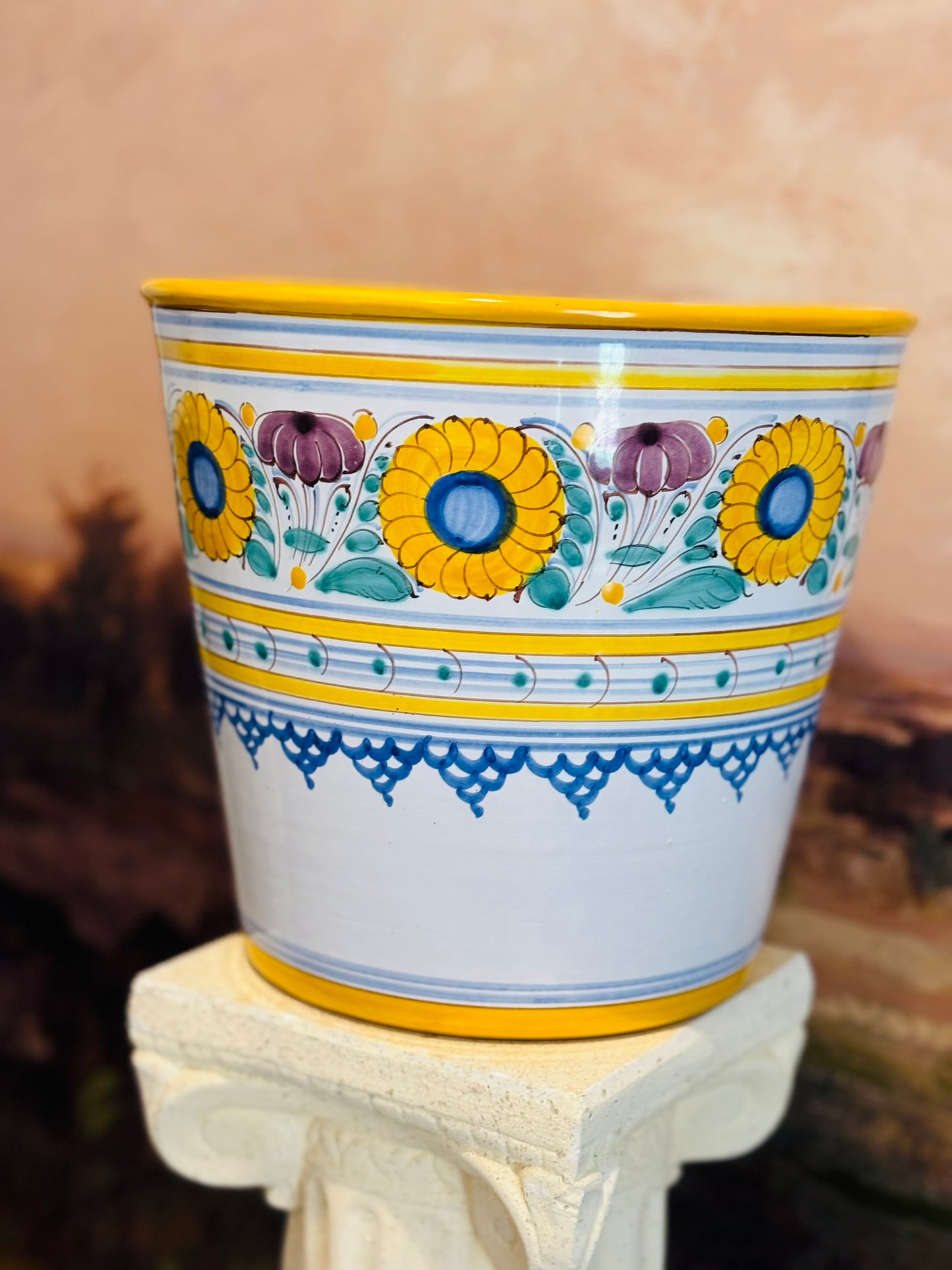 Yellow floral hand painted ice bucket 9.25 w x 8.5 h *chips around rim*
