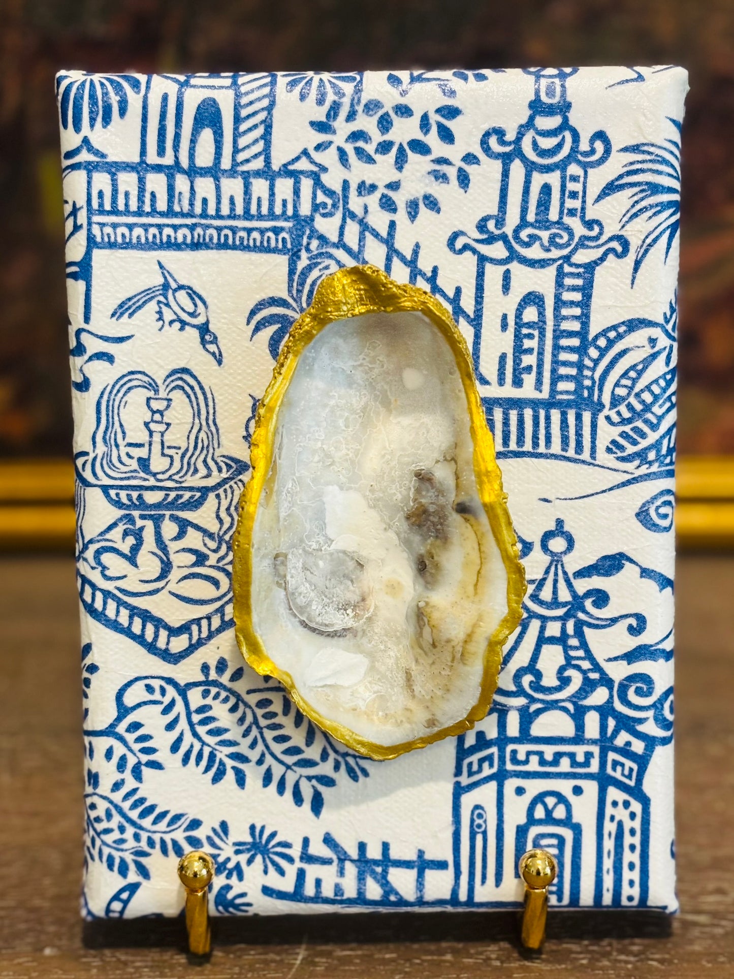 Blue and white chinoiserie canvas with oyster shell 5 x 7