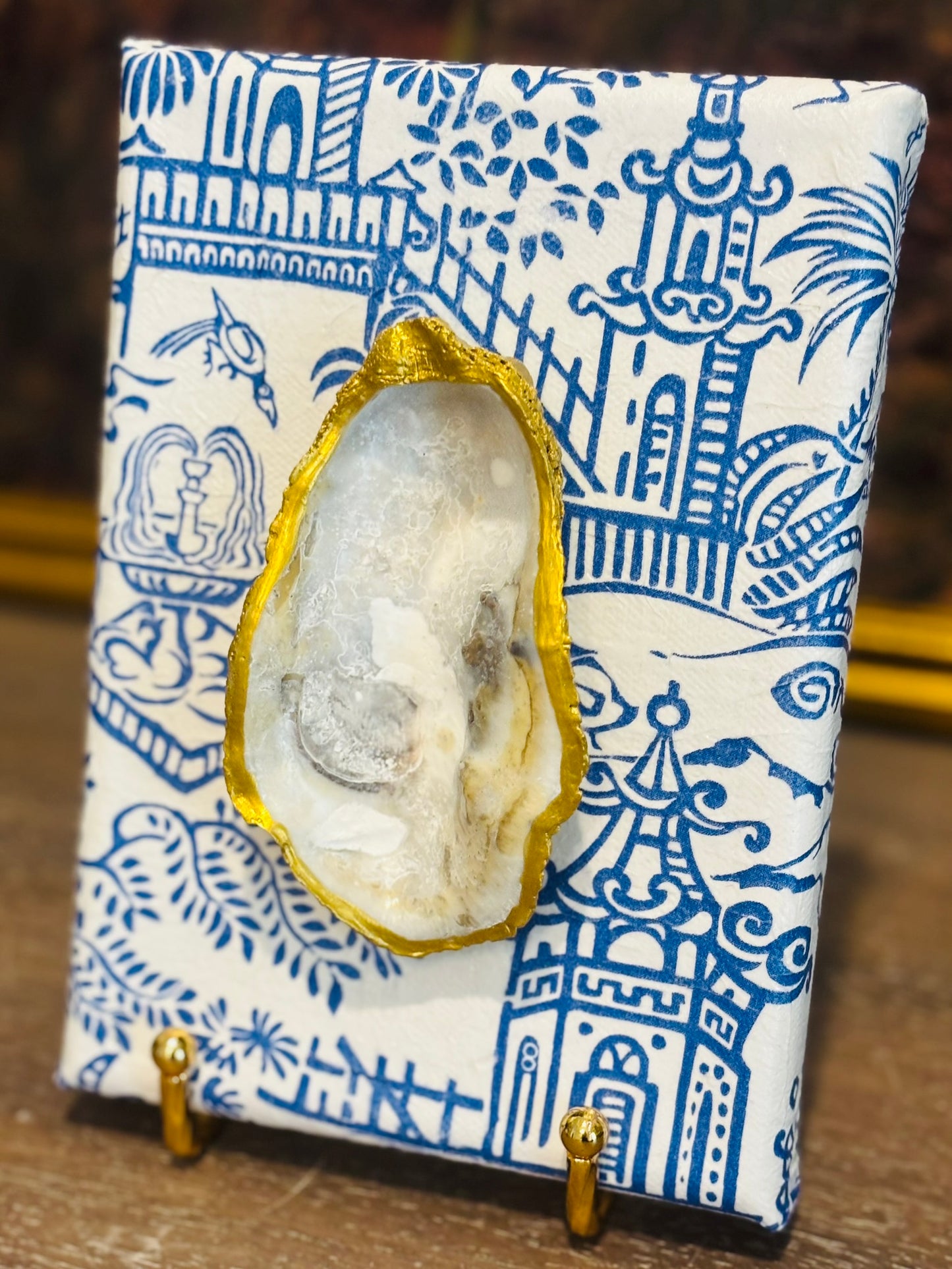 Blue and white chinoiserie canvas with oyster shell 5 x 7