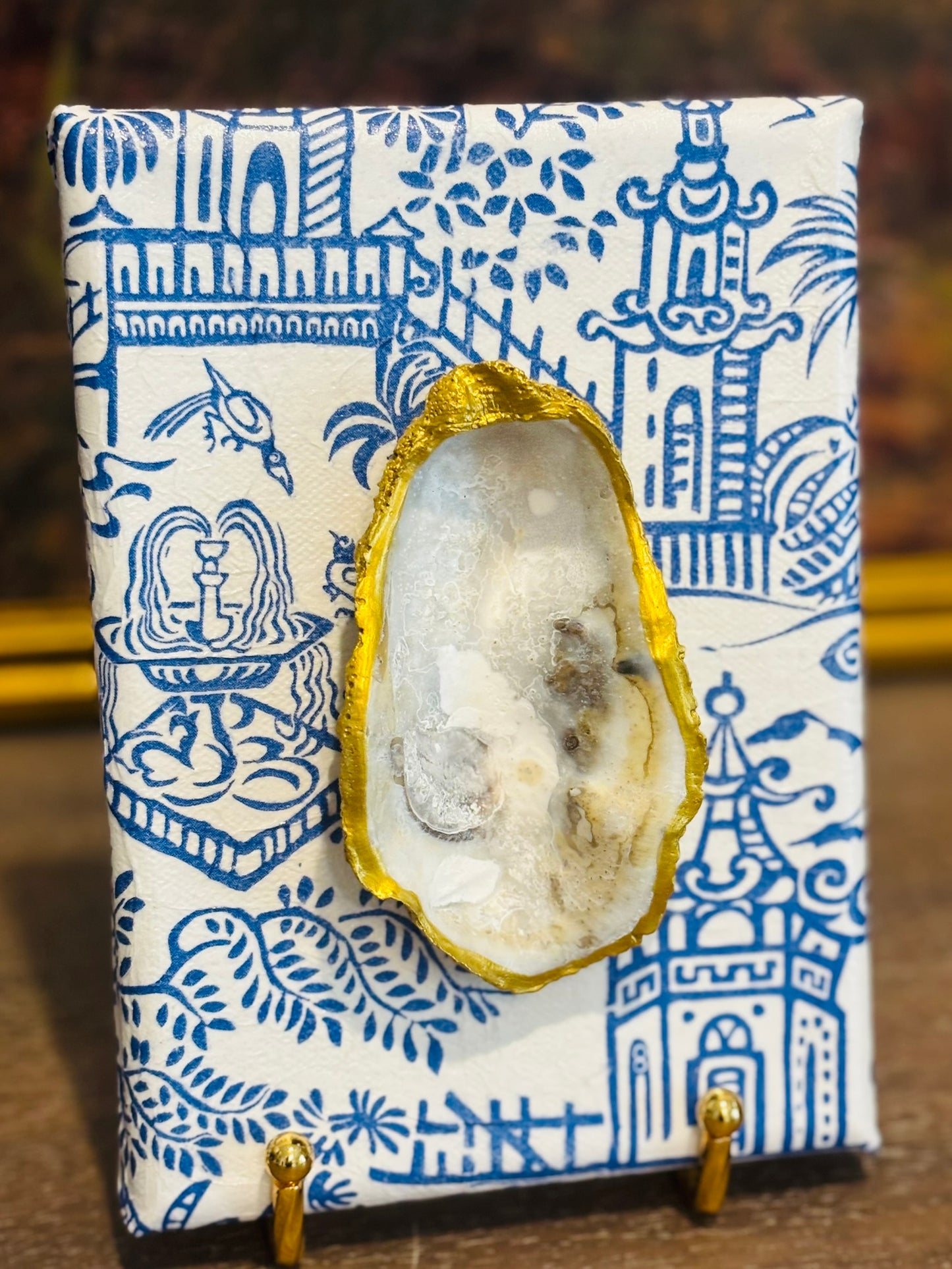 Blue and white chinoiserie canvas with oyster shell 5 x 7