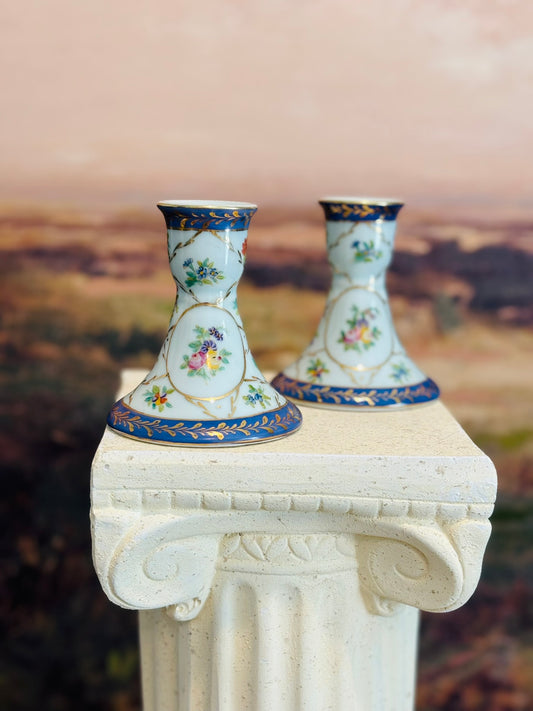 Pair of Floral Bone China Candlesticks 3.25 w 3.5 h